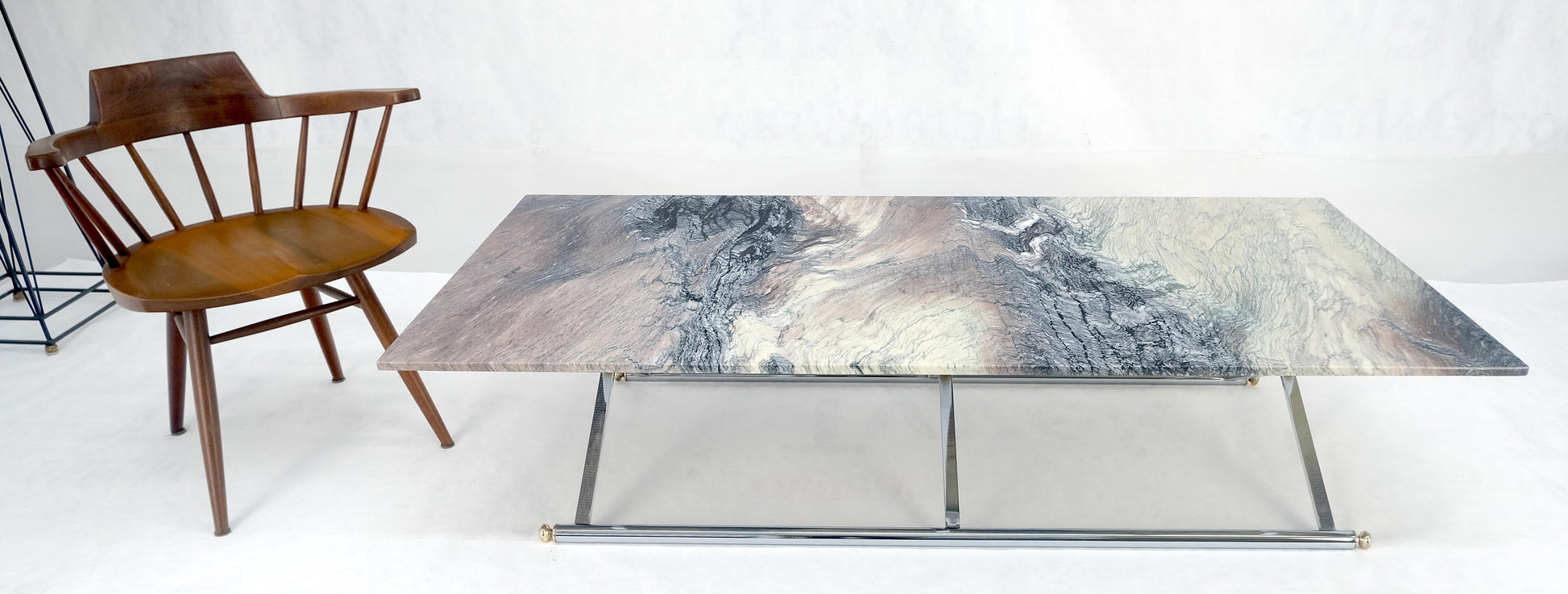 EstablishedLines Mid Century Modern Chrome X-Shape & Brass Base 32x67 Marble Top Coffee Table