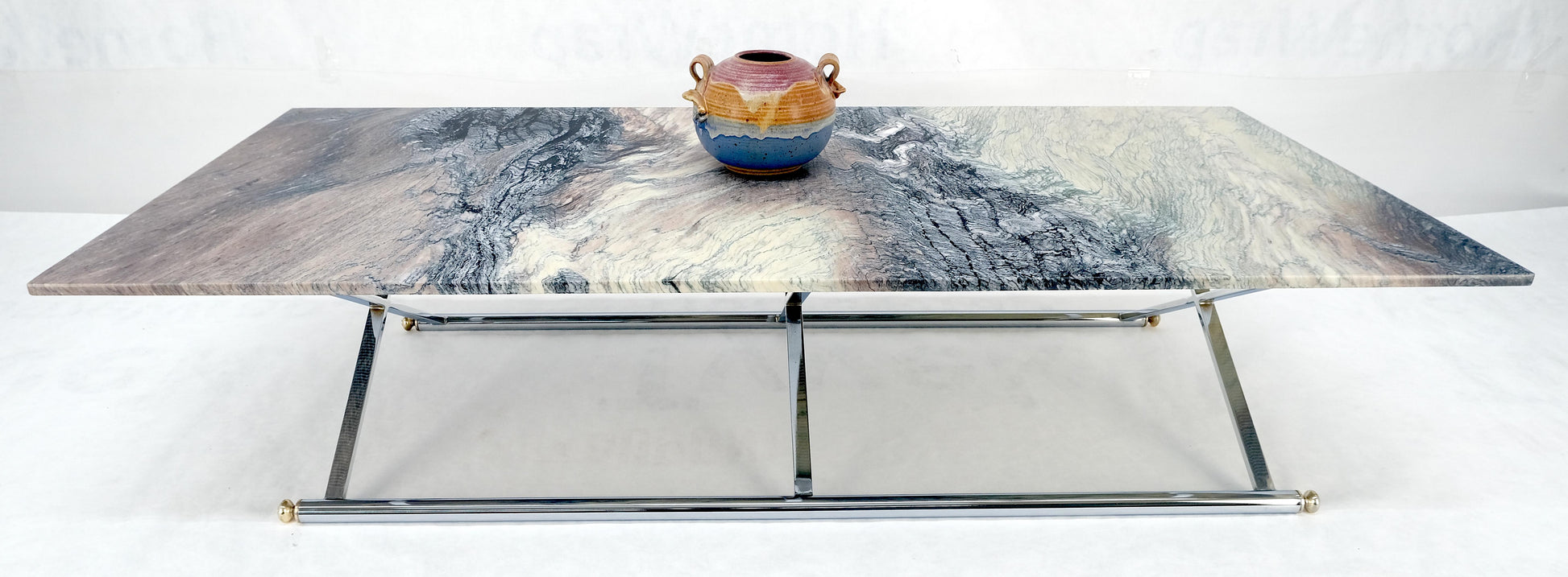 EstablishedLines Mid Century Modern Chrome X-Shape & Brass Base 32x67 Marble Top Coffee Table