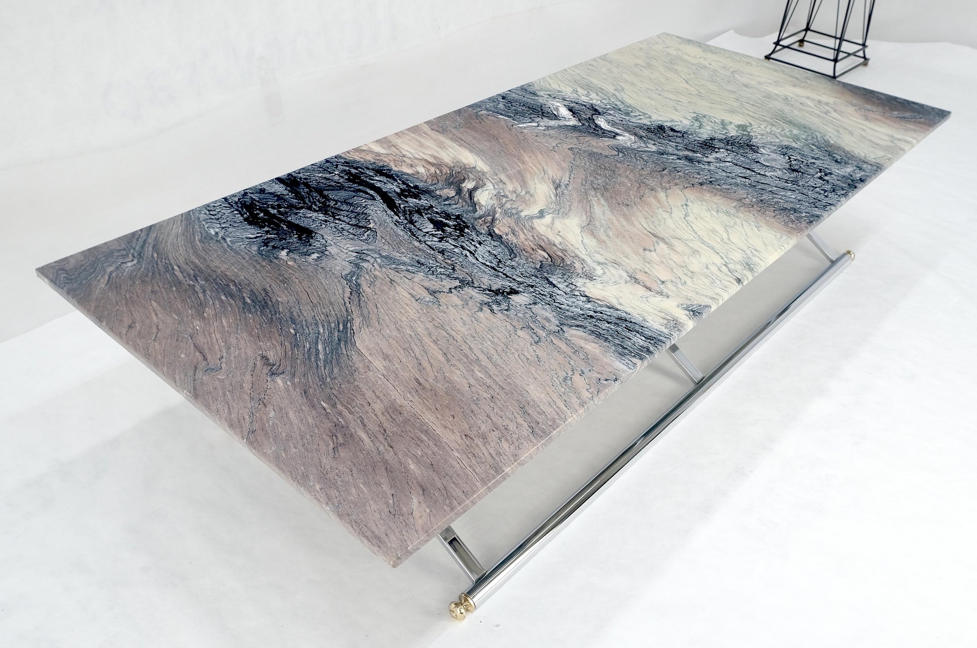 EstablishedLines Mid Century Modern Chrome X-Shape & Brass Base 32x67 Marble Top Coffee Table