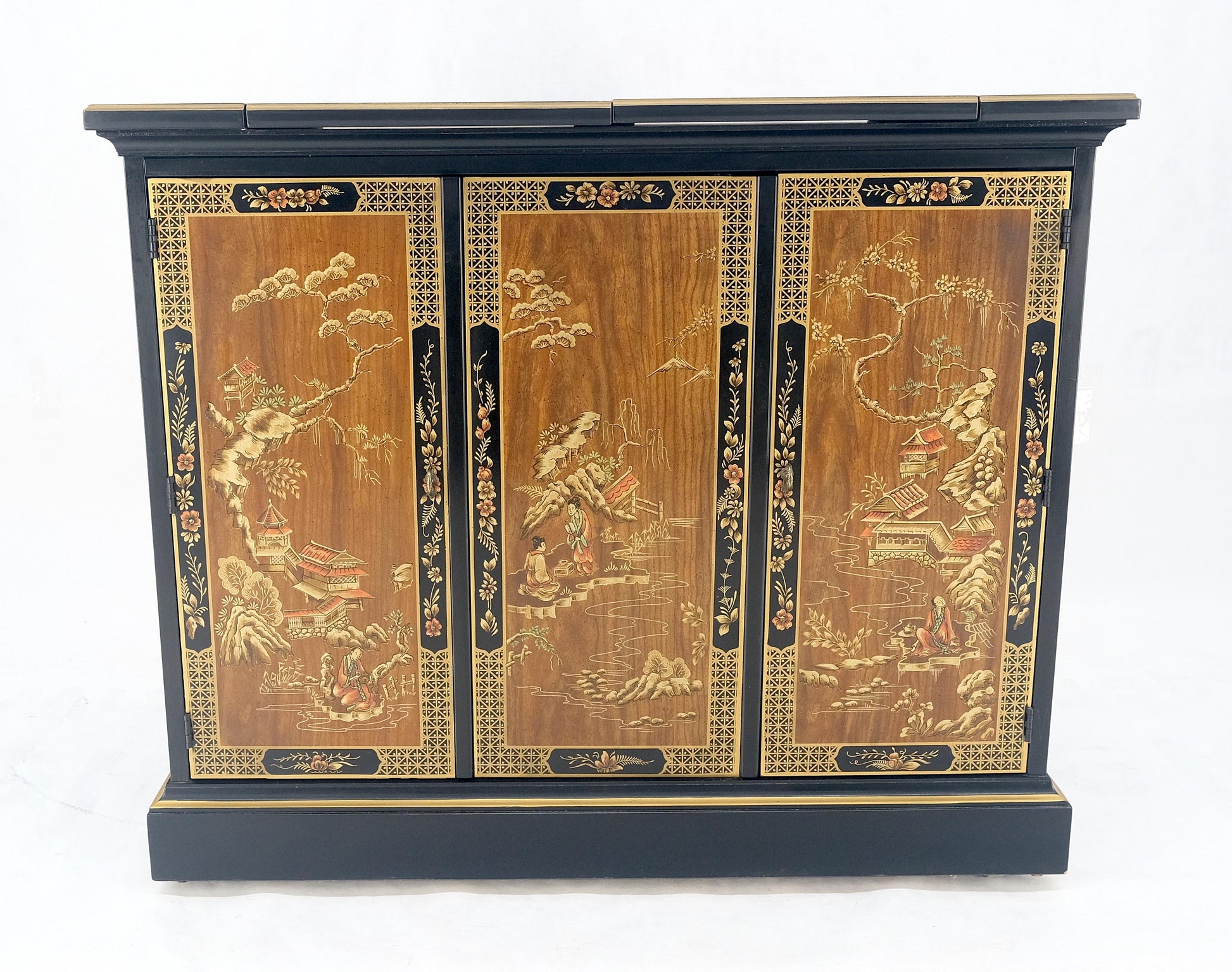 EstablishedLines Drexel Flip Top Serving Sideboard Bar on Wheels Chinoiserie Style Black Lacquer