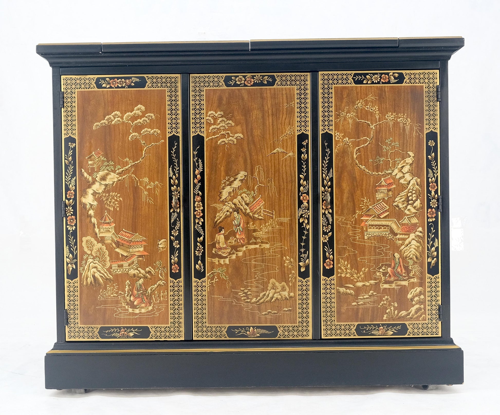 EstablishedLines Drexel Flip Top Serving Sideboard Bar on Wheels Chinoiserie Style Black Lacquer