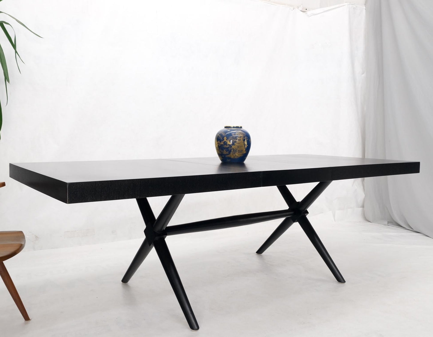 EstablishedLines Black Lacquer One Leaf X Base Gibbings Trestle Dining Table by Widdicomb Mint
