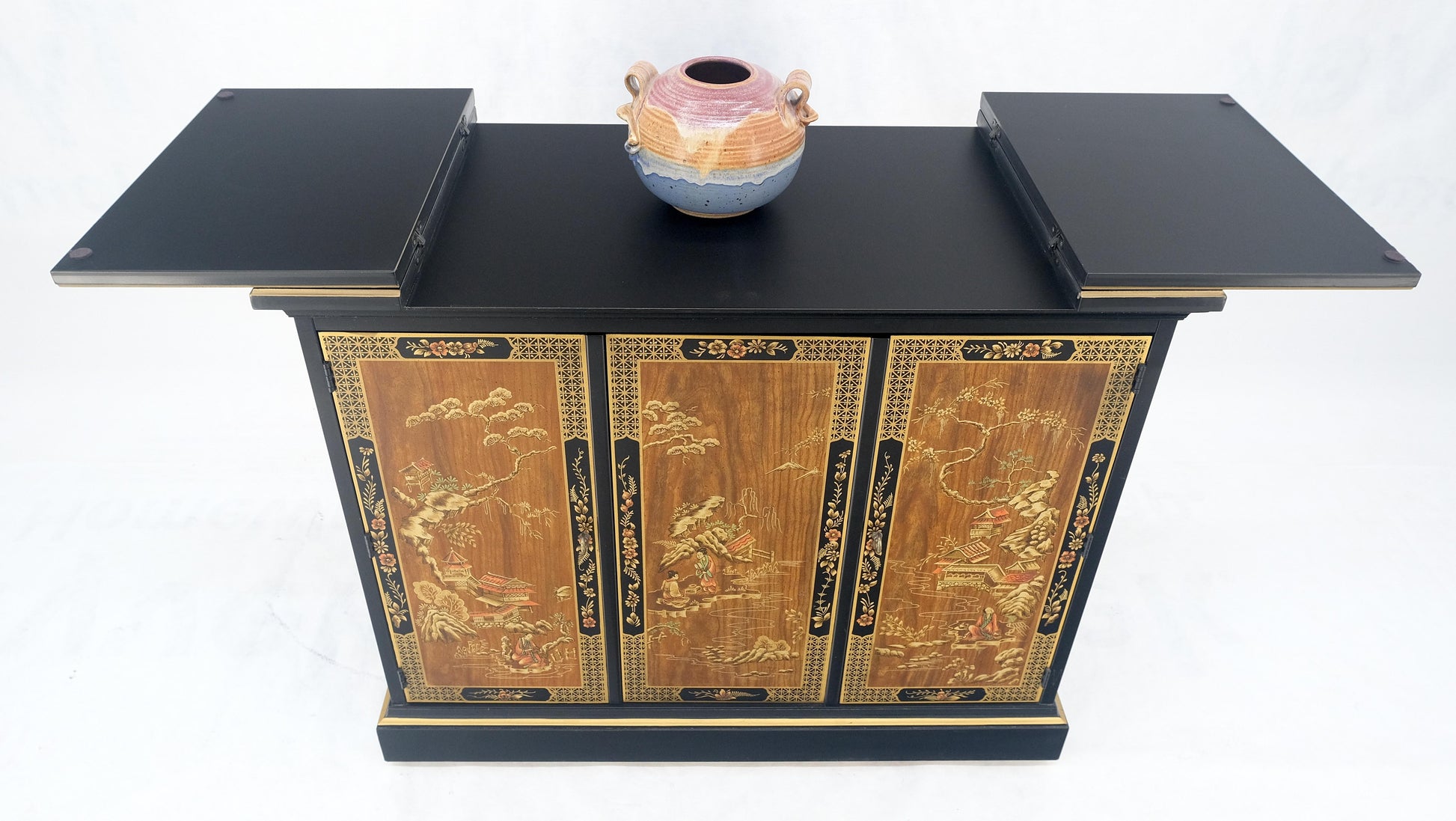 EstablishedLines Drexel Flip Top Serving Sideboard Bar on Wheels Chinoiserie Style Black Lacquer