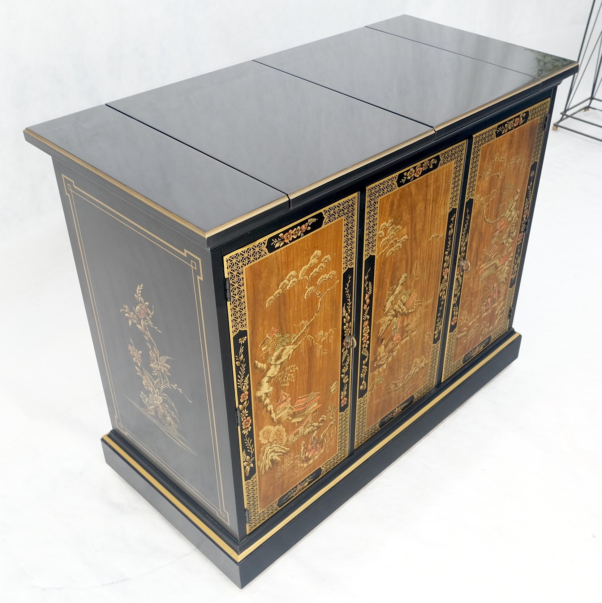 EstablishedLines Drexel Flip Top Serving Sideboard Bar on Wheels Chinoiserie Style Black Lacquer
