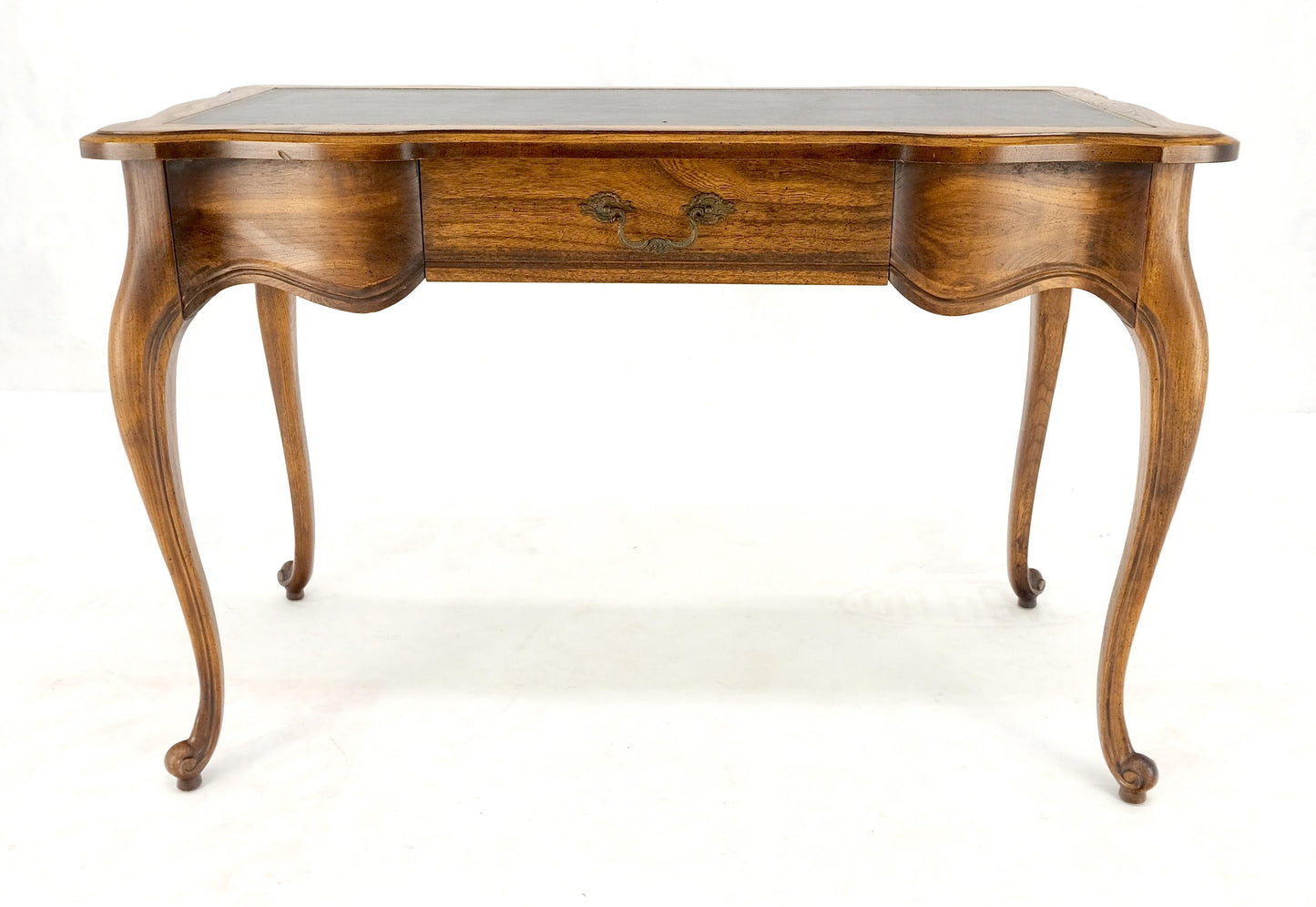 EstablishedLines Small Black Leather Top One Drawer Cabriole Carved Leg Chestnut Desk Console