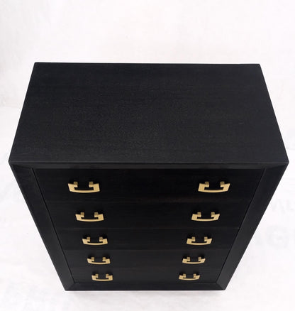 EstablishedLines Ebonized Black Lacquer Mahogany Tall 5 Drawers Dresser Gold Bracket Pulls MNT