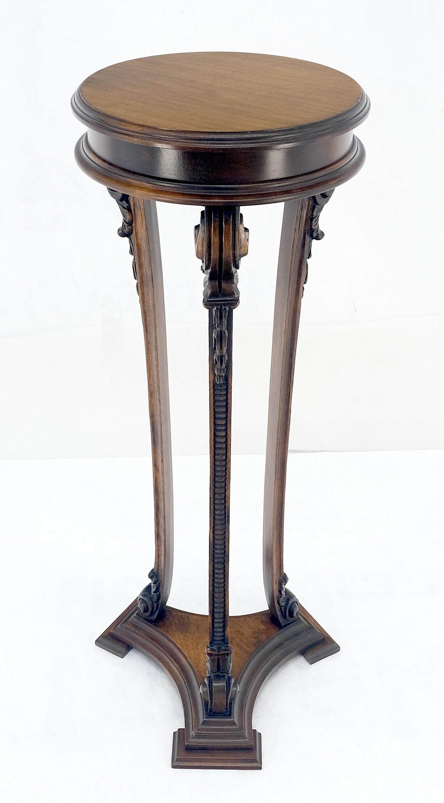 EstablishedLines Carved Walnut Tripod Style Base 17" Round Top Plant Lamp Table Stand Pedestal