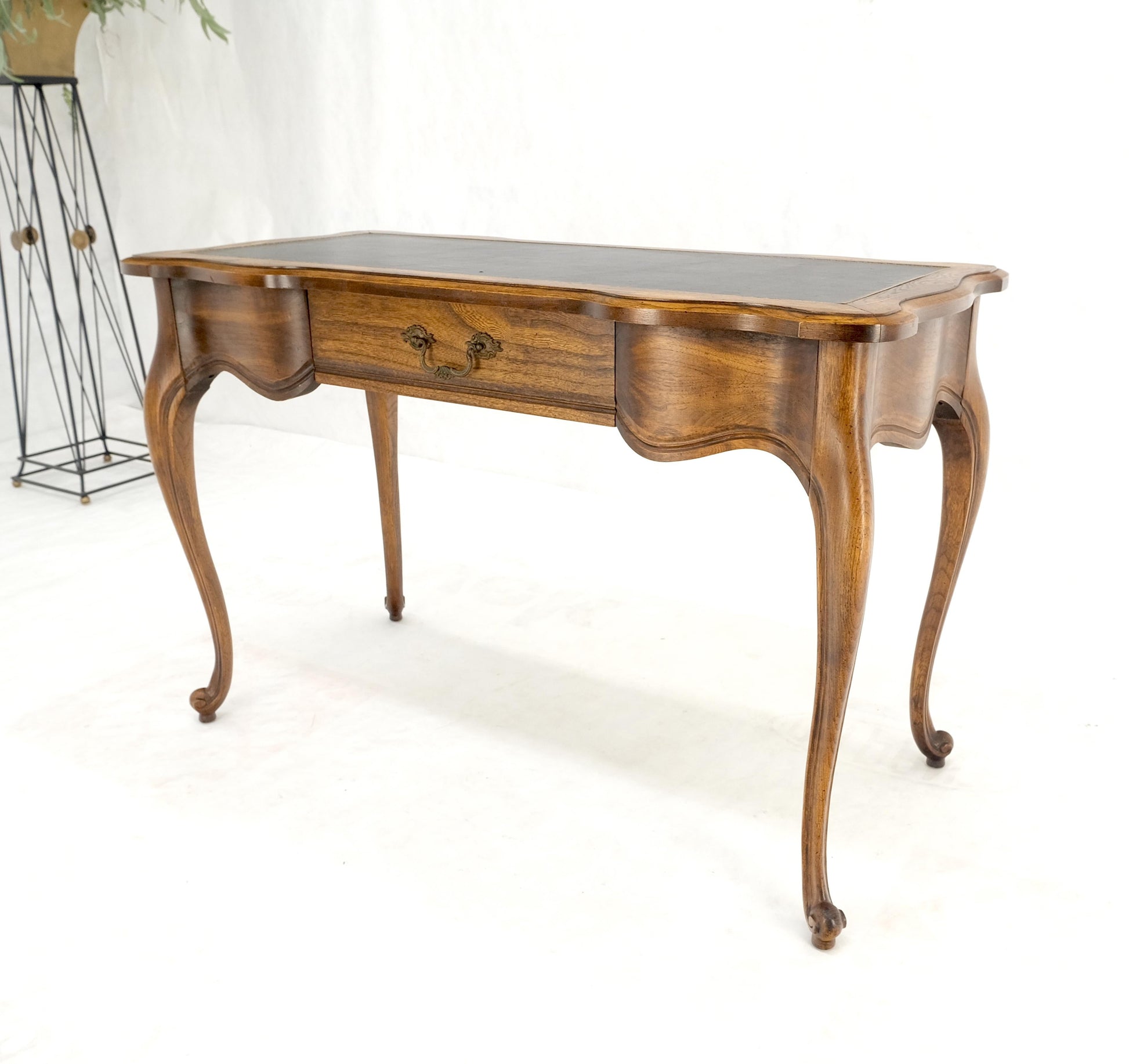 EstablishedLines Small Black Leather Top One Drawer Cabriole Carved Leg Chestnut Desk Console