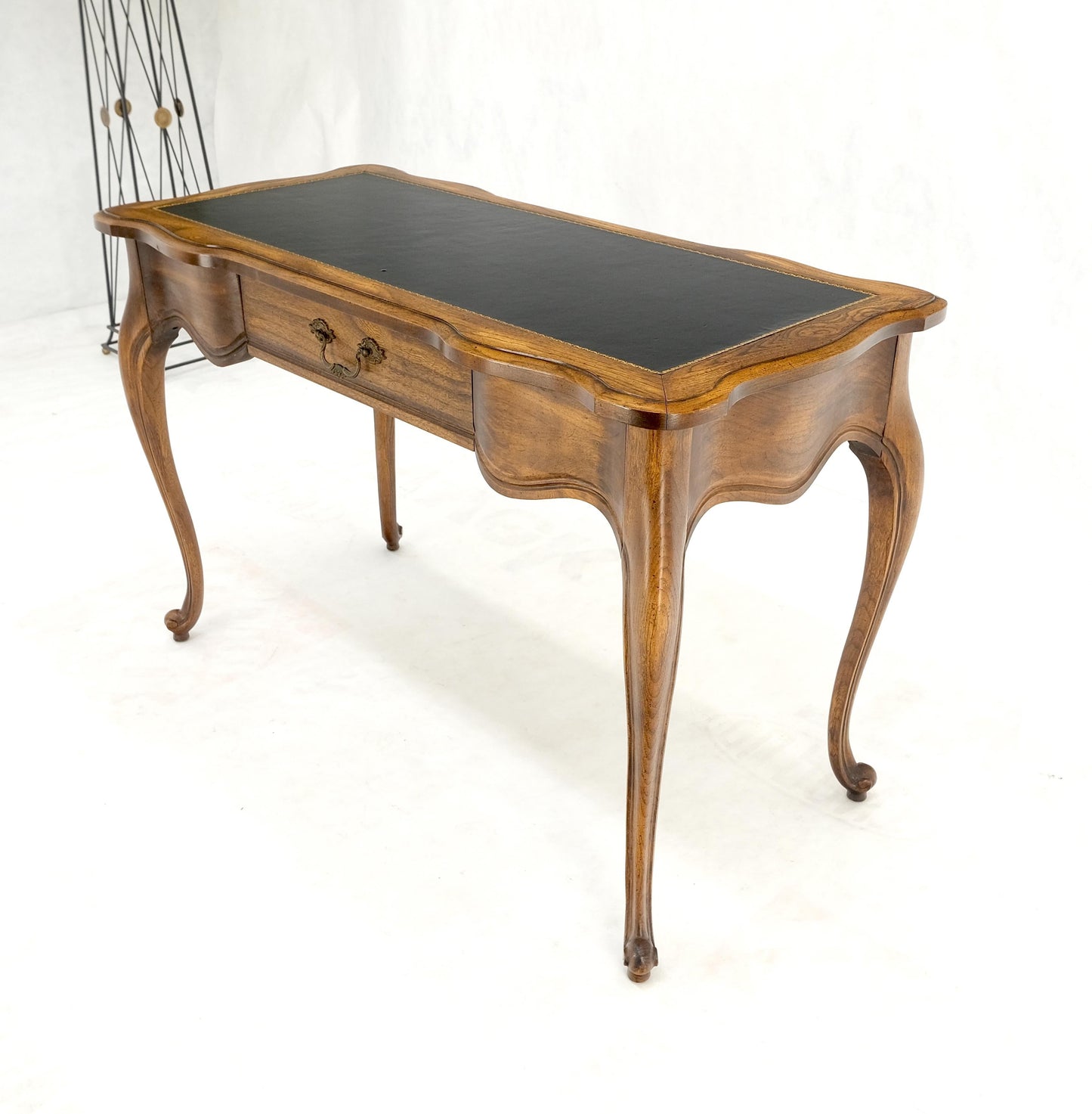 EstablishedLines Small Black Leather Top One Drawer Cabriole Carved Leg Chestnut Desk Console