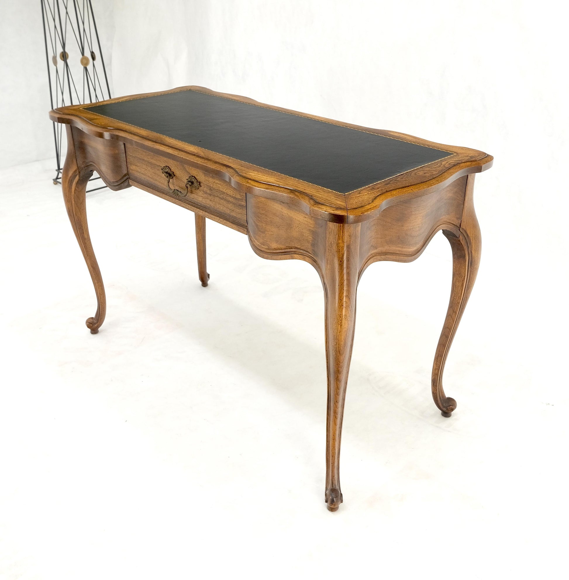 EstablishedLines Small Black Leather Top One Drawer Cabriole Carved Leg Chestnut Desk Console