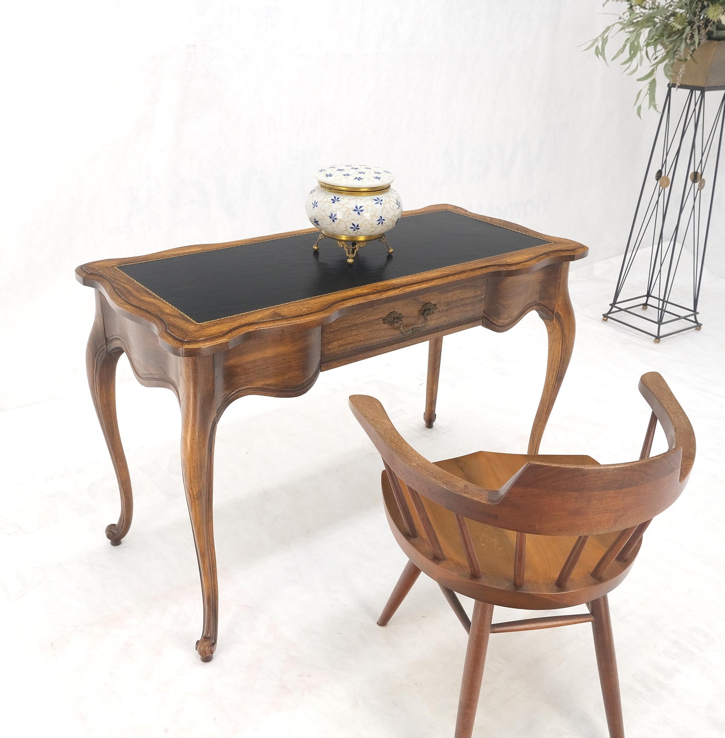 EstablishedLines Small Black Leather Top One Drawer Cabriole Carved Leg Chestnut Desk Console