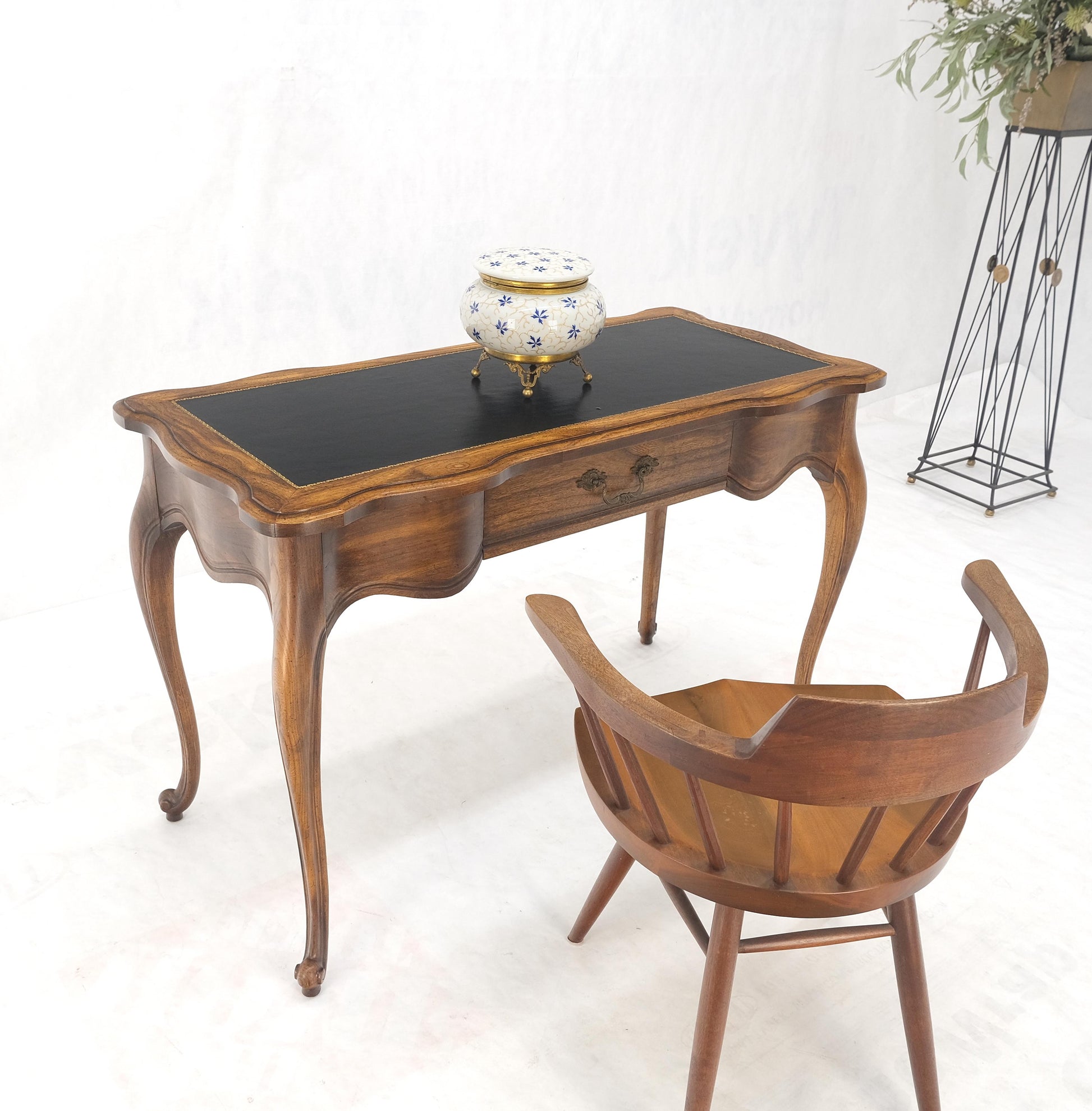 EstablishedLines Small Black Leather Top One Drawer Cabriole Carved Leg Chestnut Desk Console