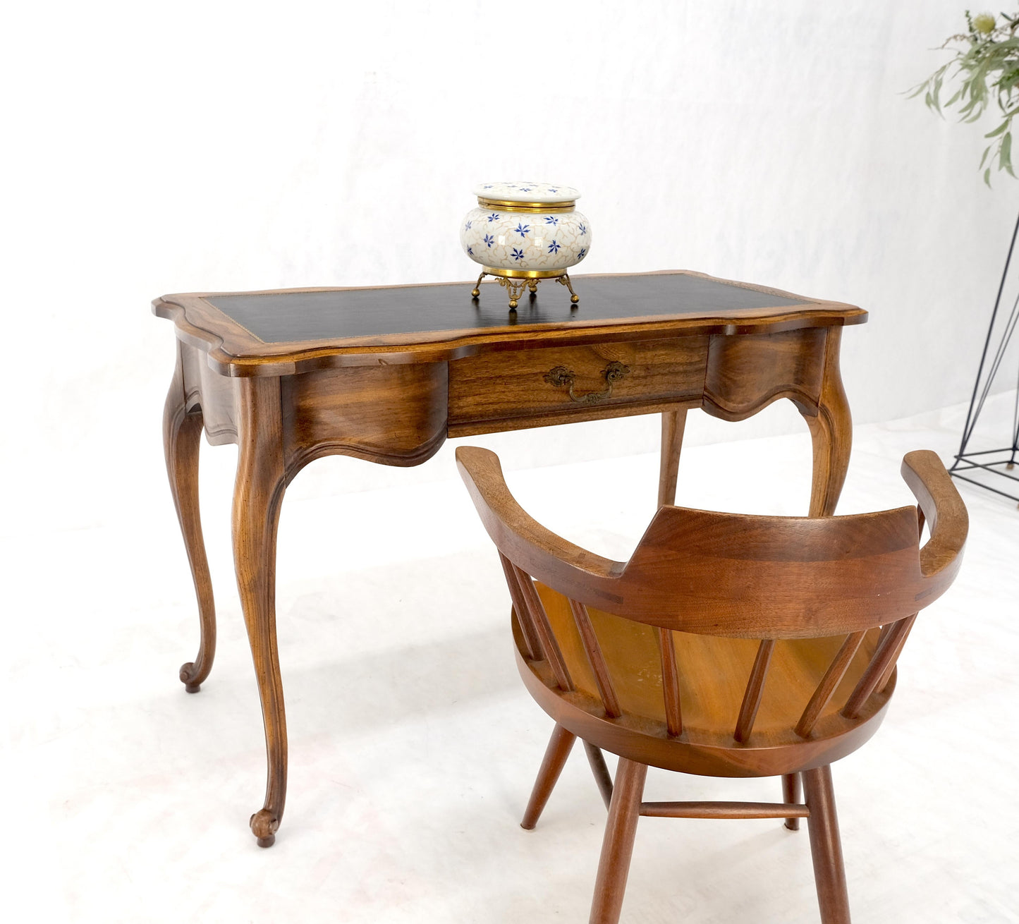 EstablishedLines Small Black Leather Top One Drawer Cabriole Carved Leg Chestnut Desk Console