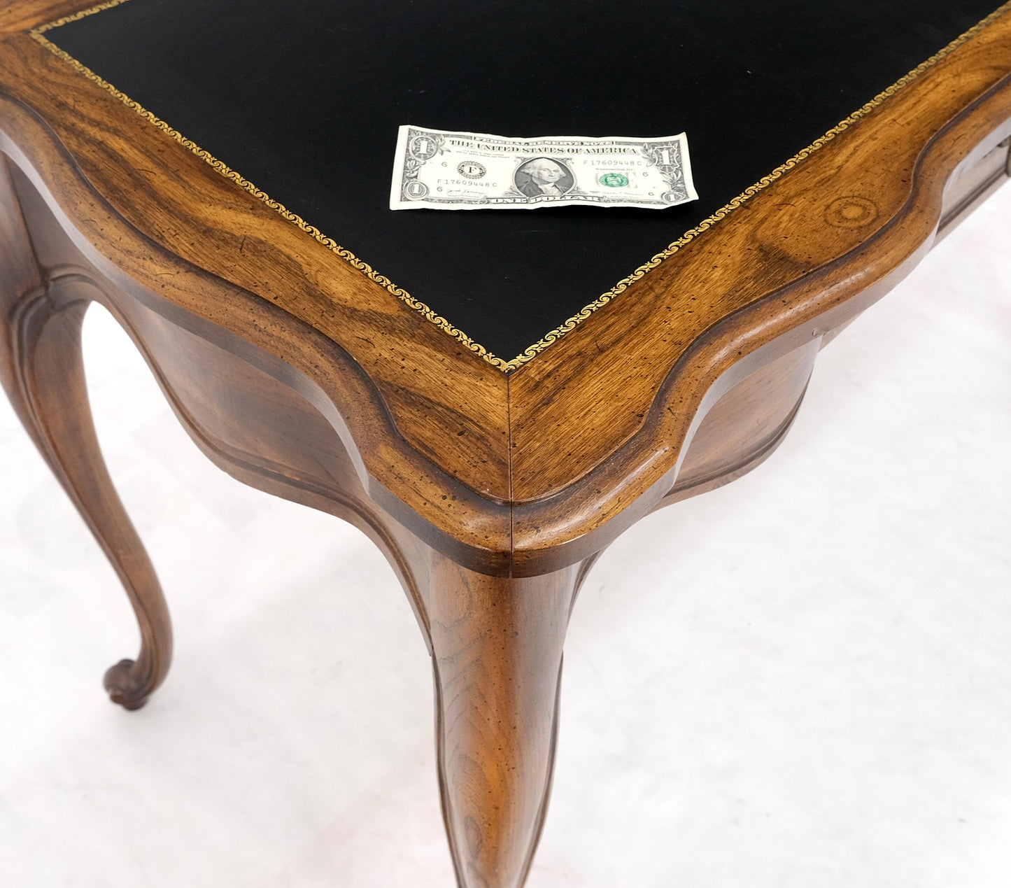 EstablishedLines Small Black Leather Top One Drawer Cabriole Carved Leg Chestnut Desk Console
