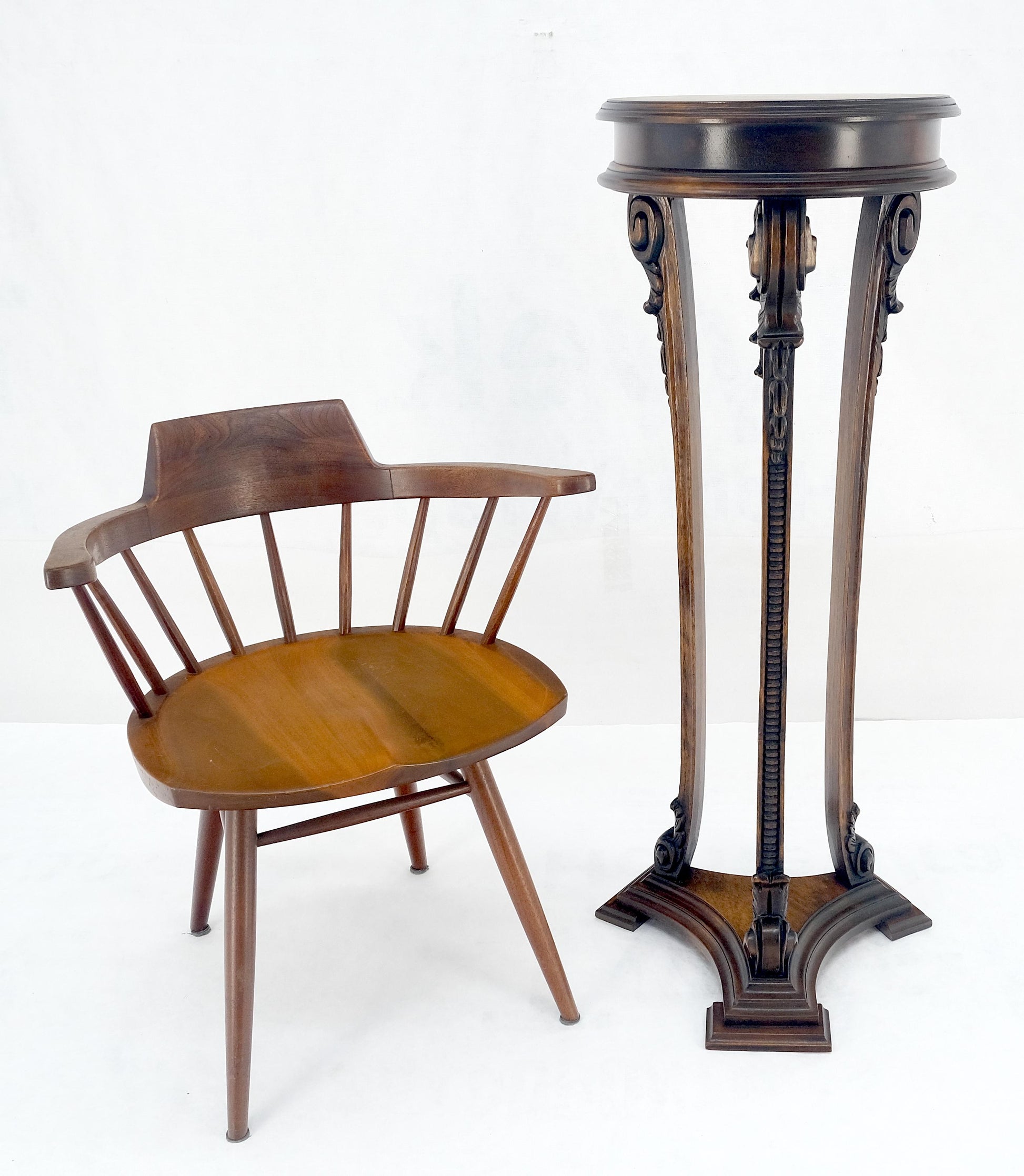 EstablishedLines Carved Walnut Tripod Style Base 17" Round Top Plant Lamp Table Stand Pedestal
