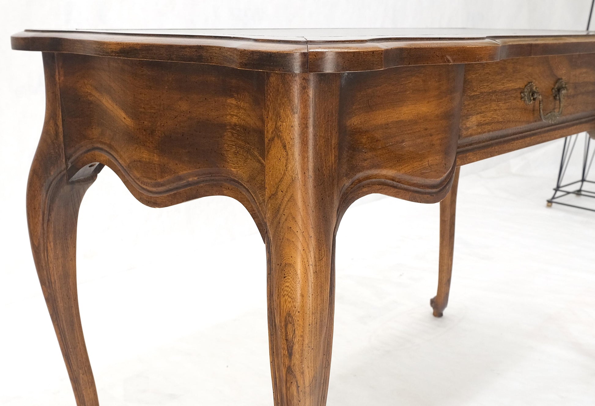 EstablishedLines Small Black Leather Top One Drawer Cabriole Carved Leg Chestnut Desk Console