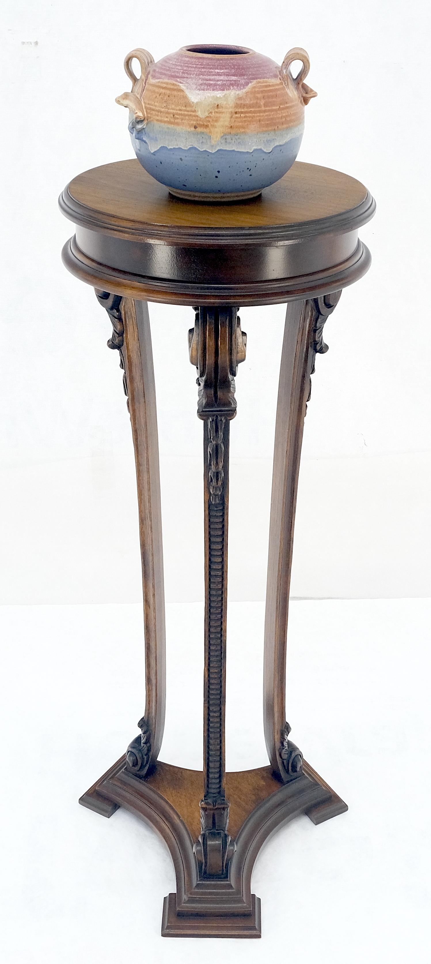 EstablishedLines Carved Walnut Tripod Style Base 17" Round Top Plant Lamp Table Stand Pedestal