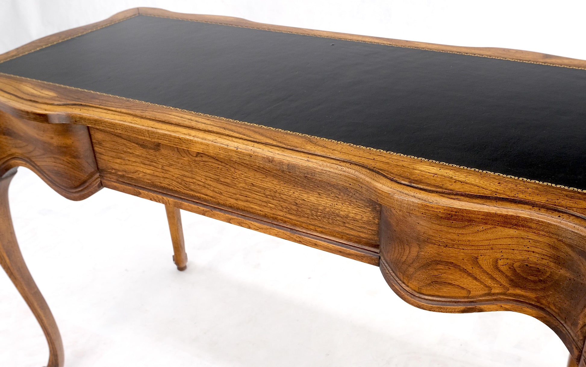 EstablishedLines Small Black Leather Top One Drawer Cabriole Carved Leg Chestnut Desk Console
