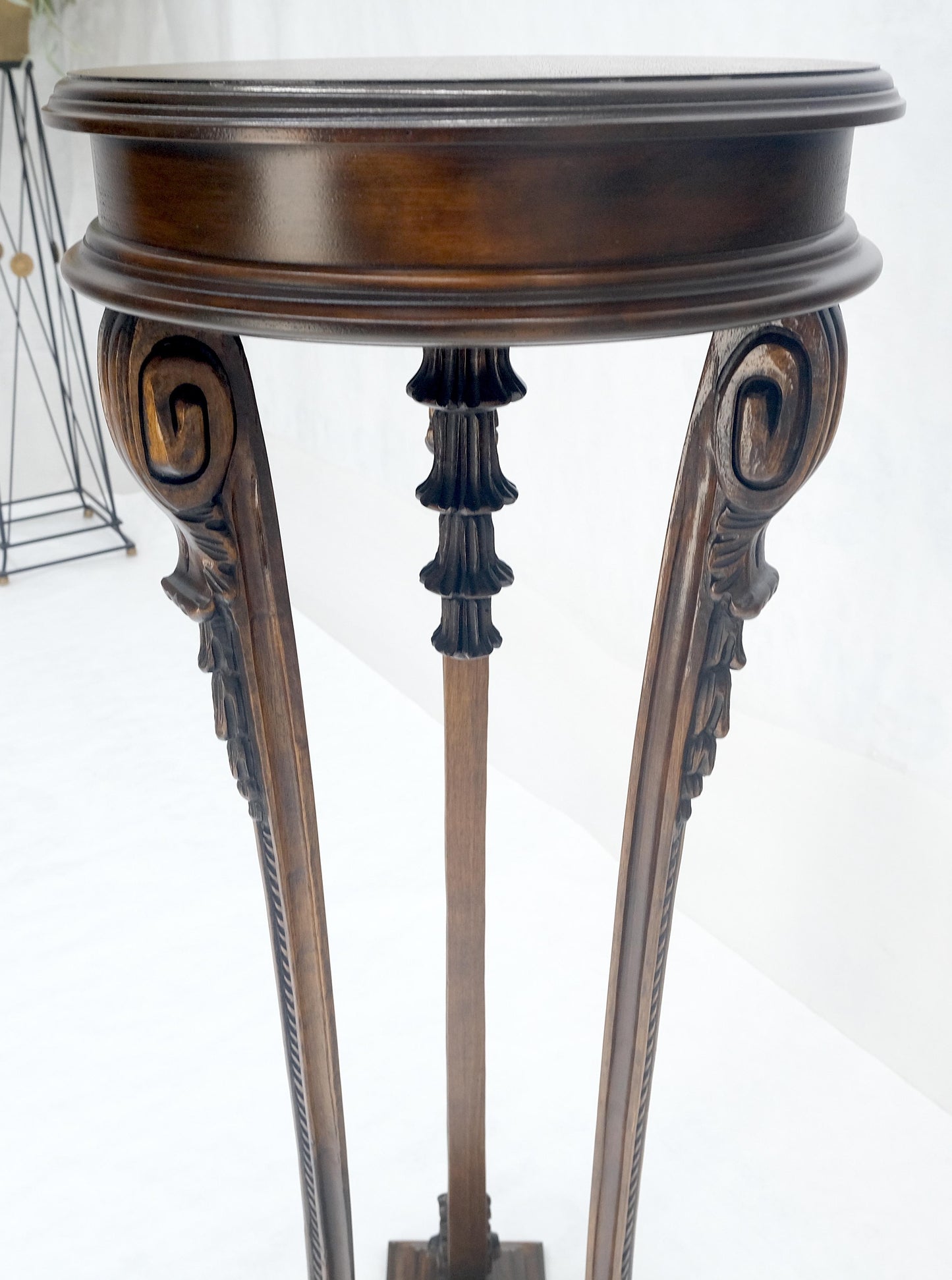 EstablishedLines Carved Walnut Tripod Style Base 17" Round Top Plant Lamp Table Stand Pedestal