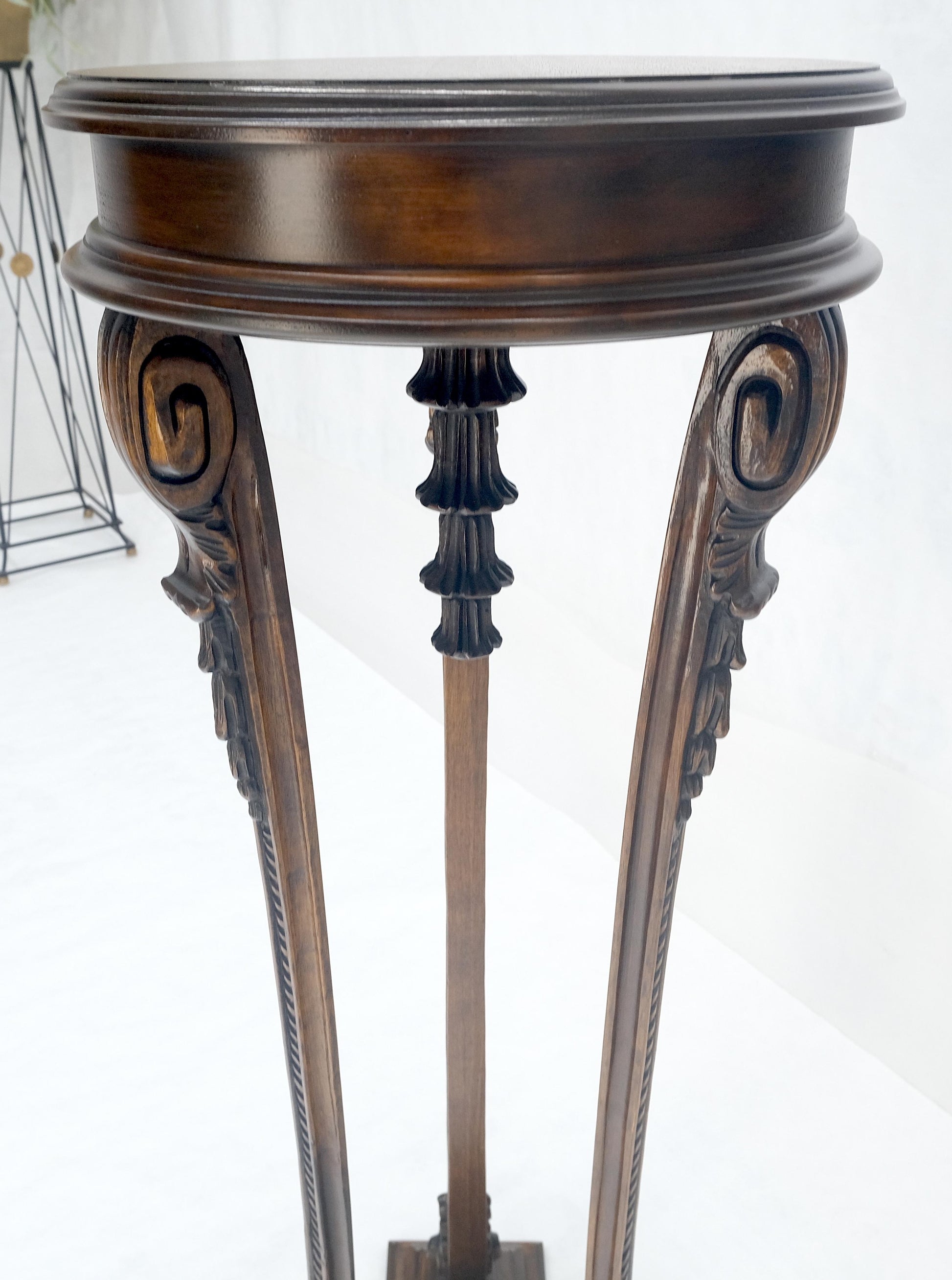 EstablishedLines Carved Walnut Tripod Style Base 17" Round Top Plant Lamp Table Stand Pedestal