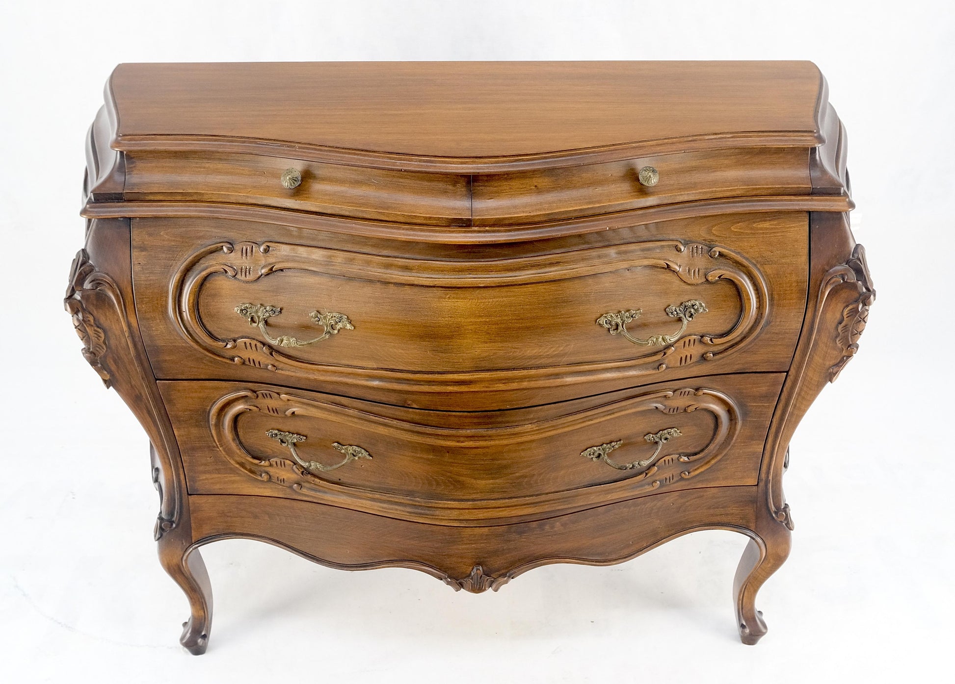Carved 4 Drawer Medium Size Bombe Style Italian Commode Solid Cherry Dresser