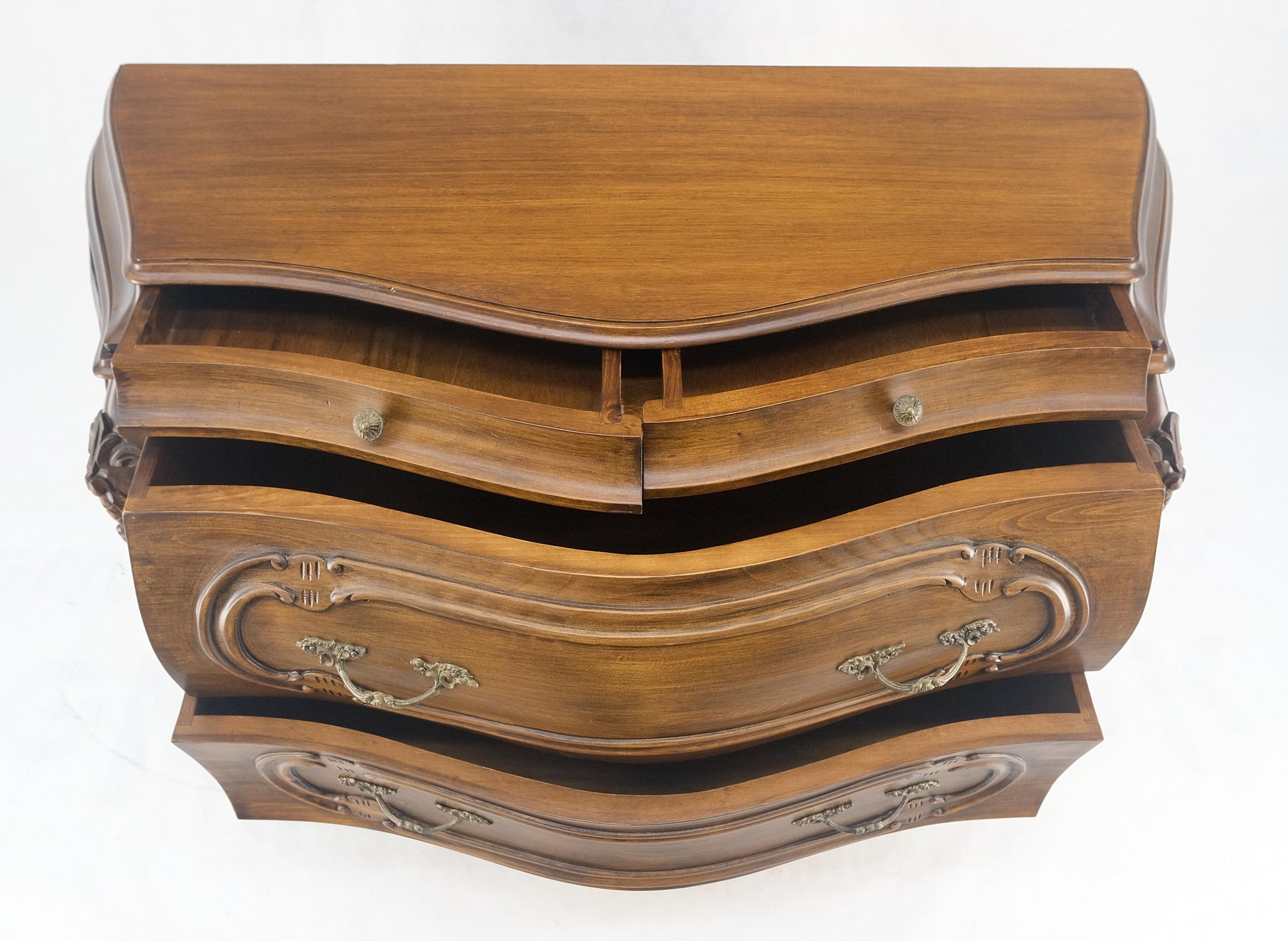 Carved 4 Drawer Medium Size Bombe Style Italian Commode Solid Cherry Dresser