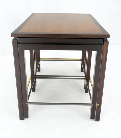 EstablishedLines Dunbar 1970s Ebonised Walnut Brass Stretcher Set of 3 Nesting Side End Tables