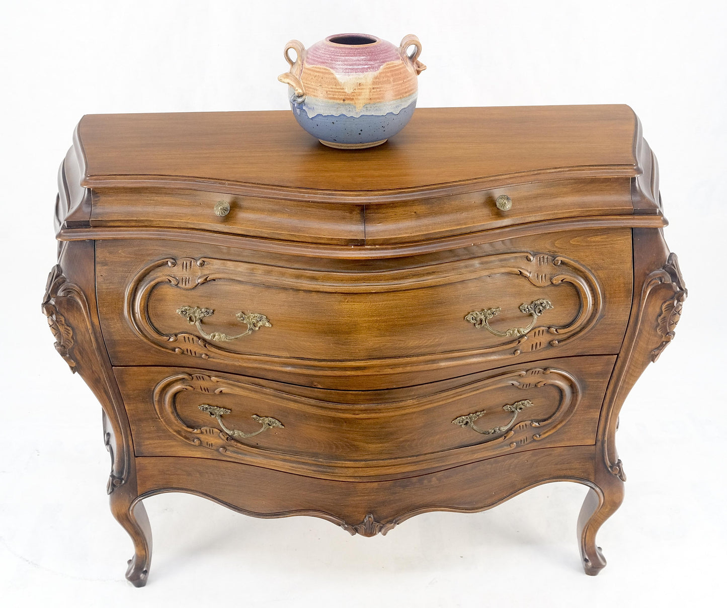 Carved 4 Drawer Medium Size Bombe Style Italian Commode Solid Cherry Dresser