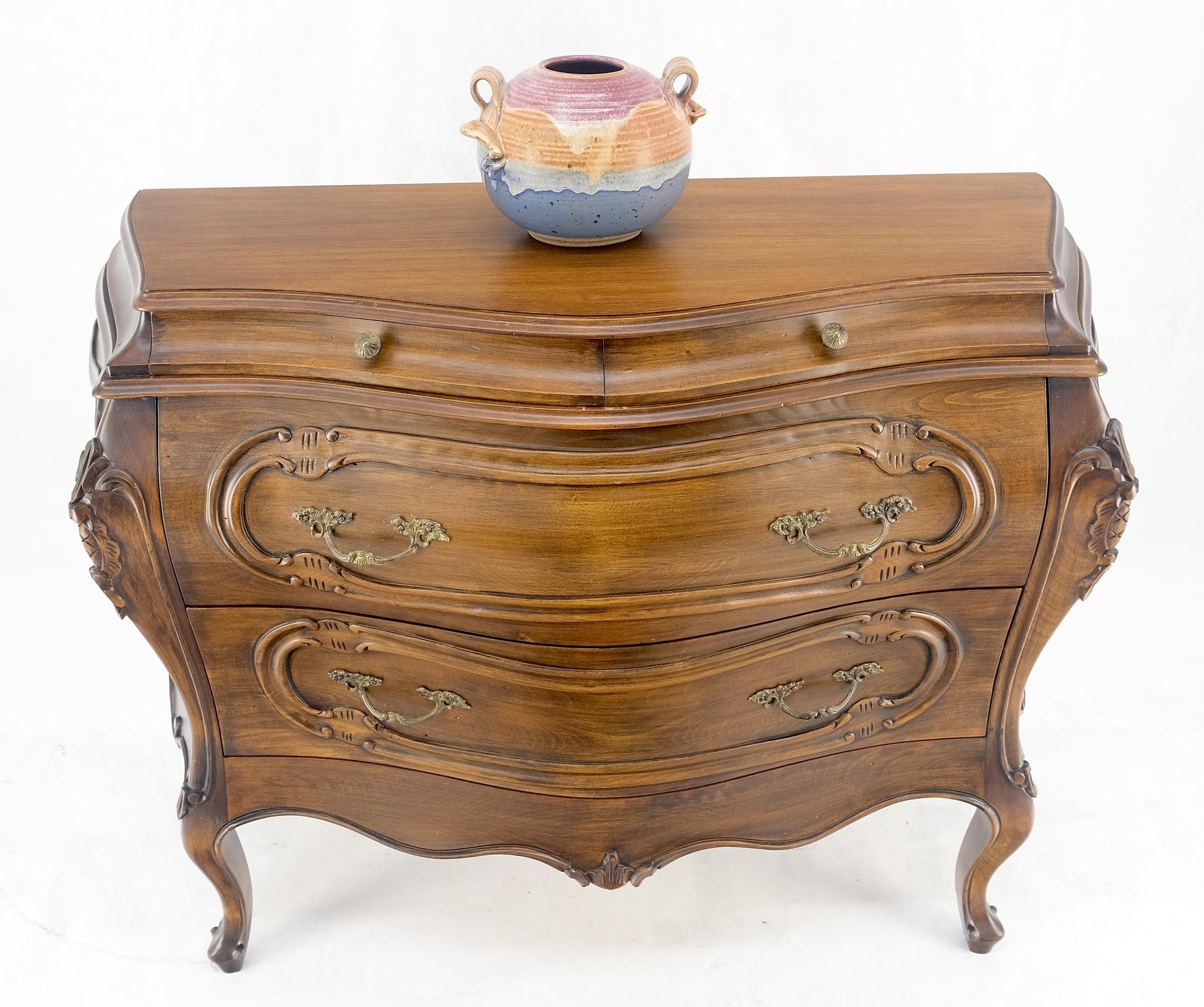 Carved 4 Drawer Medium Size Bombe Style Italian Commode Solid Cherry Dresser