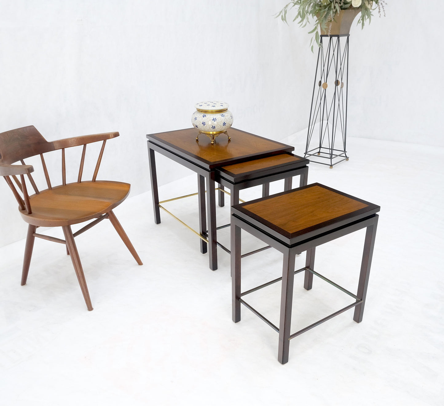 Dunbar 1970s Ebonised Walnut Brass Stretcher Set of 3 Nesting Side End Tables