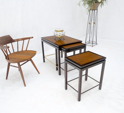 Dunbar 1970s Ebonised Walnut Brass Stretcher Set of 3 Nesting Side End Tables