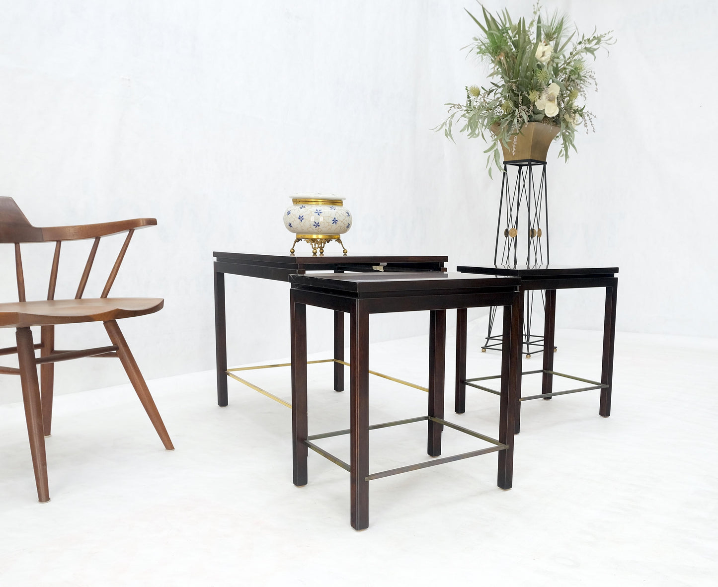 Dunbar 1970s Ebonised Walnut Brass Stretcher Set of 3 Nesting Side End Tables