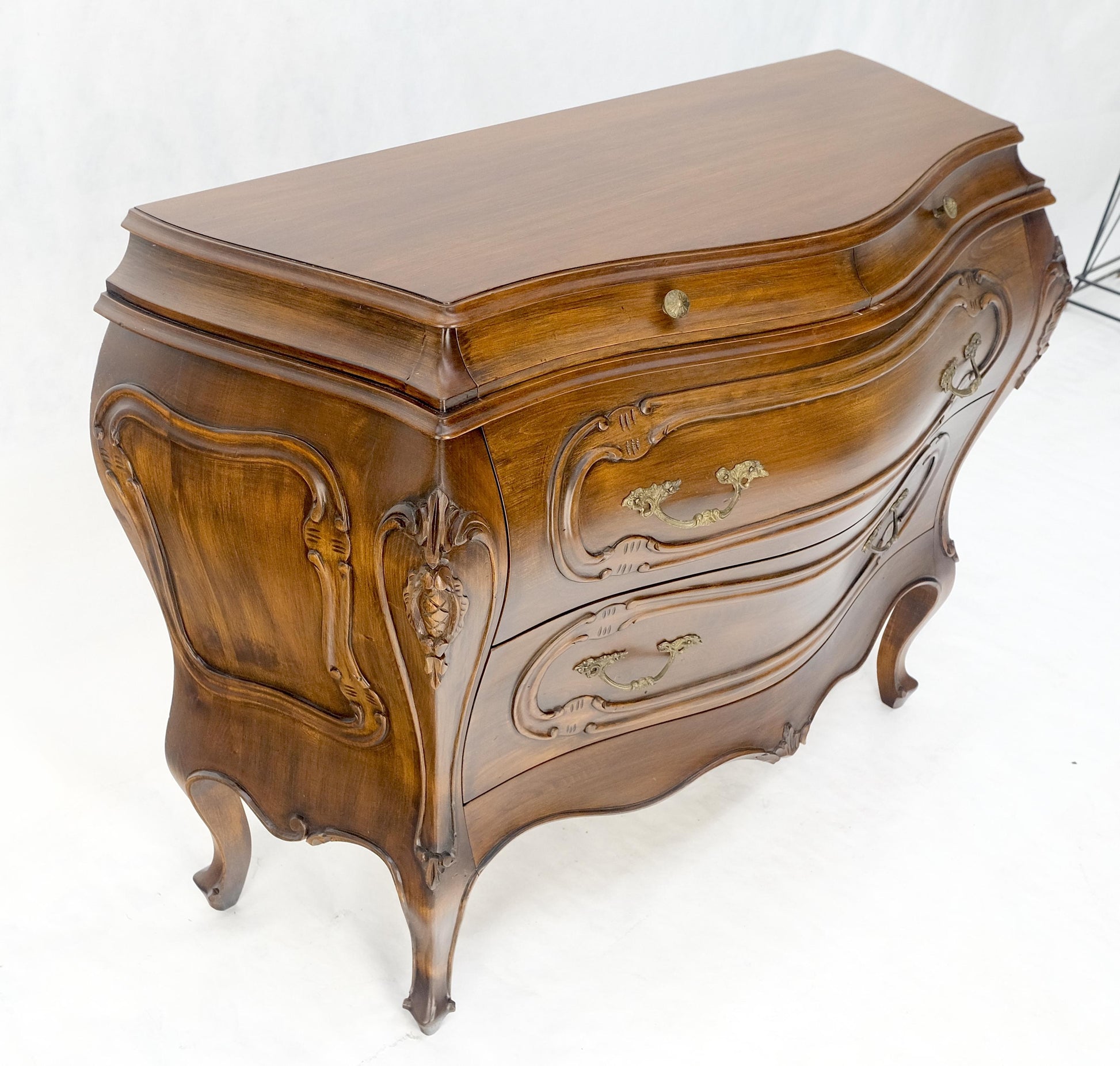 Carved 4 Drawer Medium Size Bombe Style Italian Commode Solid Cherry Dresser