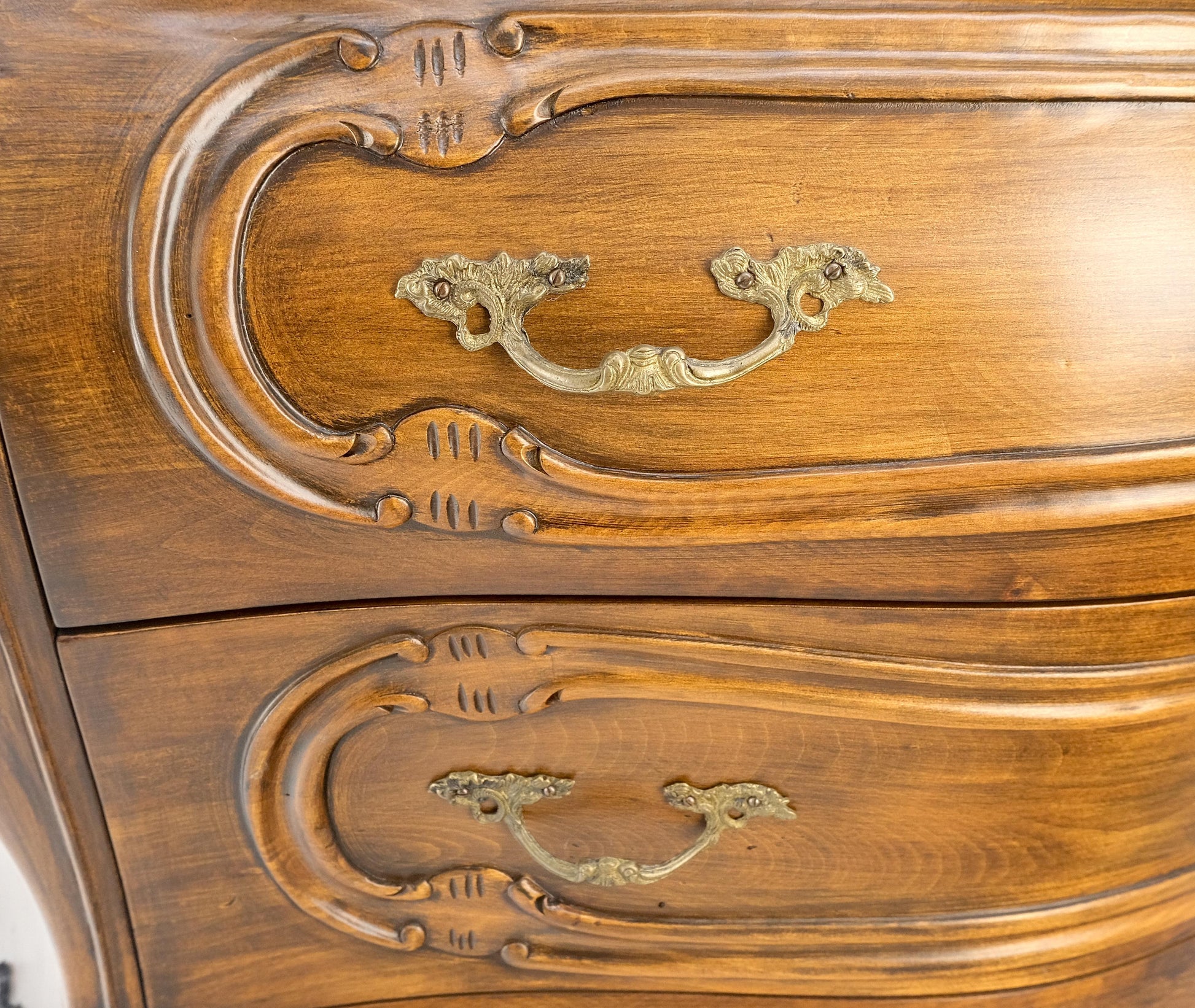 Carved 4 Drawer Medium Size Bombe Style Italian Commode Solid Cherry Dresser