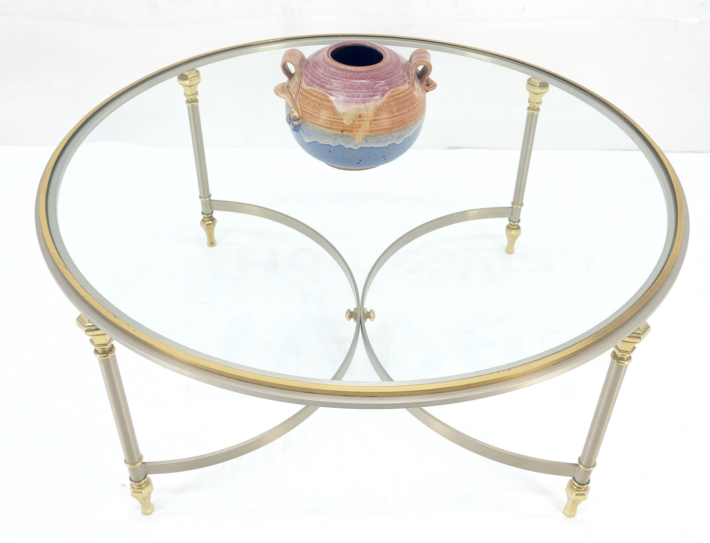 EstablishedLines Italian Round 38" Brushed Chrome & Brass Bezel & leg Glass Top Coffee Table MINT
