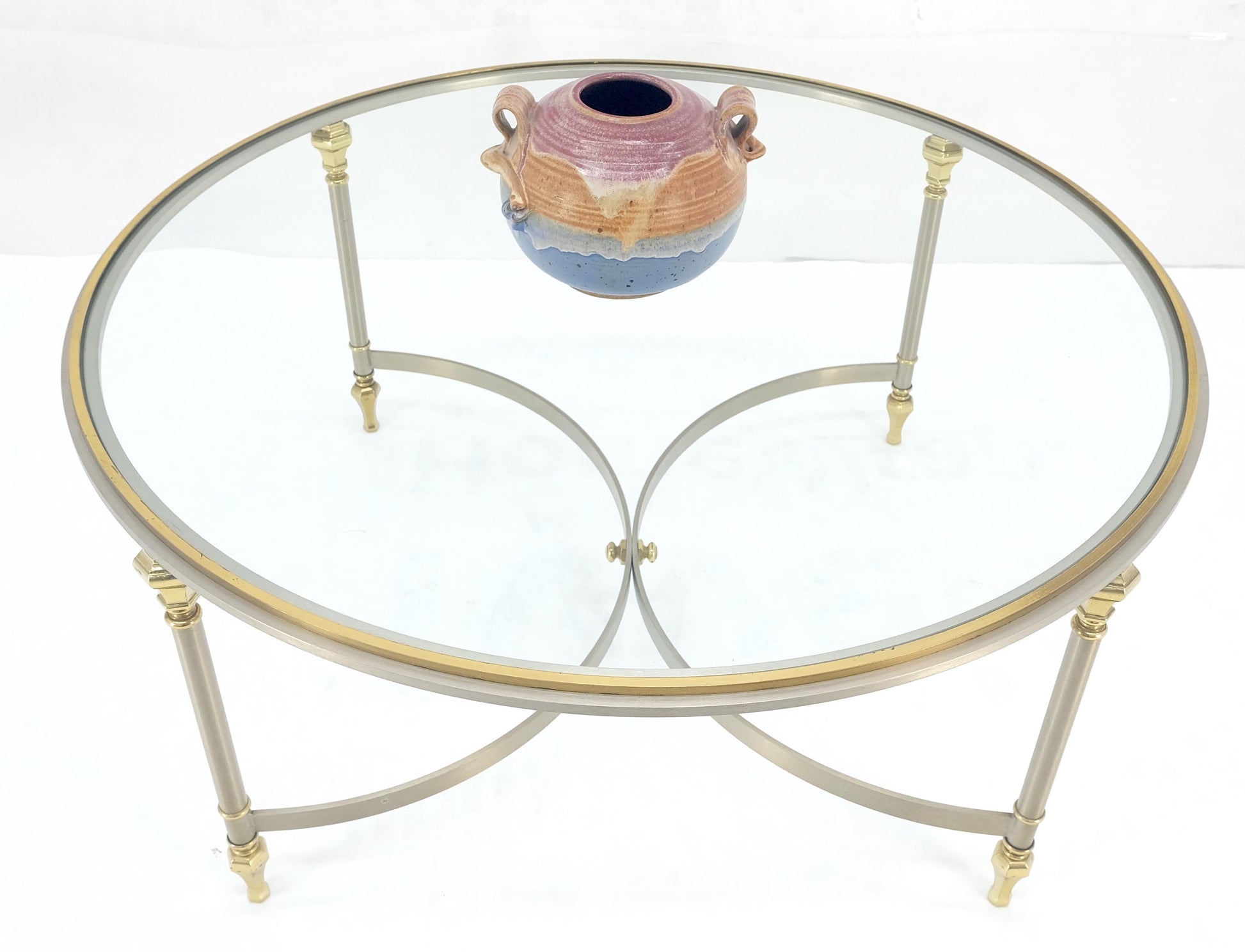 EstablishedLines Italian Round 38" Brushed Chrome & Brass Bezel & leg Glass Top Coffee Table MINT
