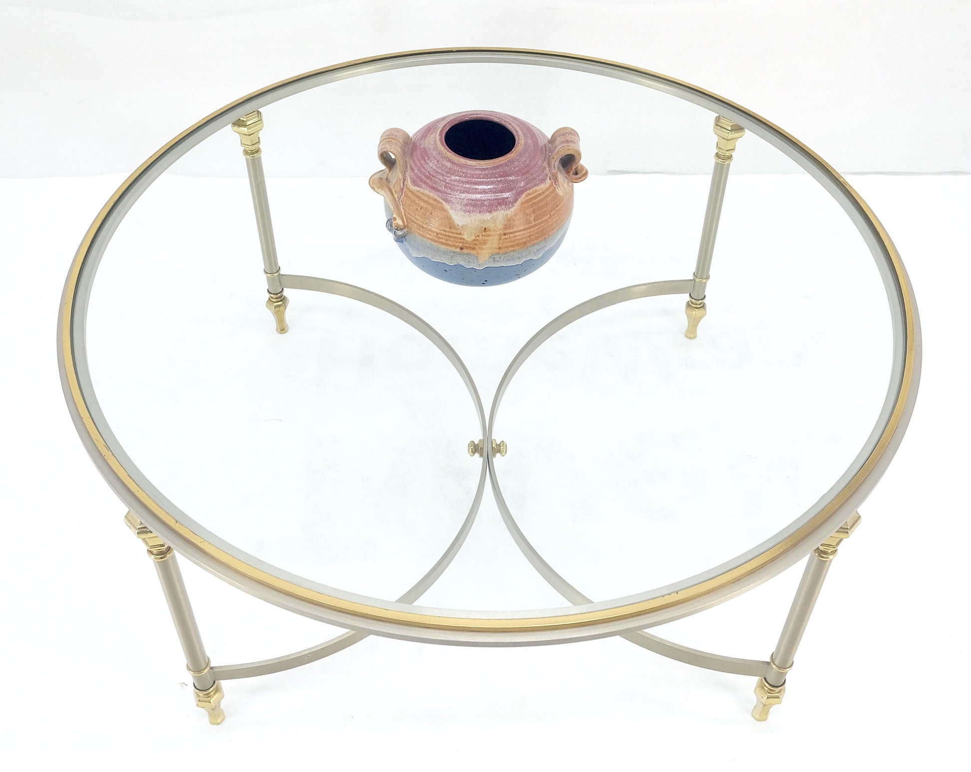 EstablishedLines Italian Round 38" Brushed Chrome & Brass Bezel & leg Glass Top Coffee Table MINT