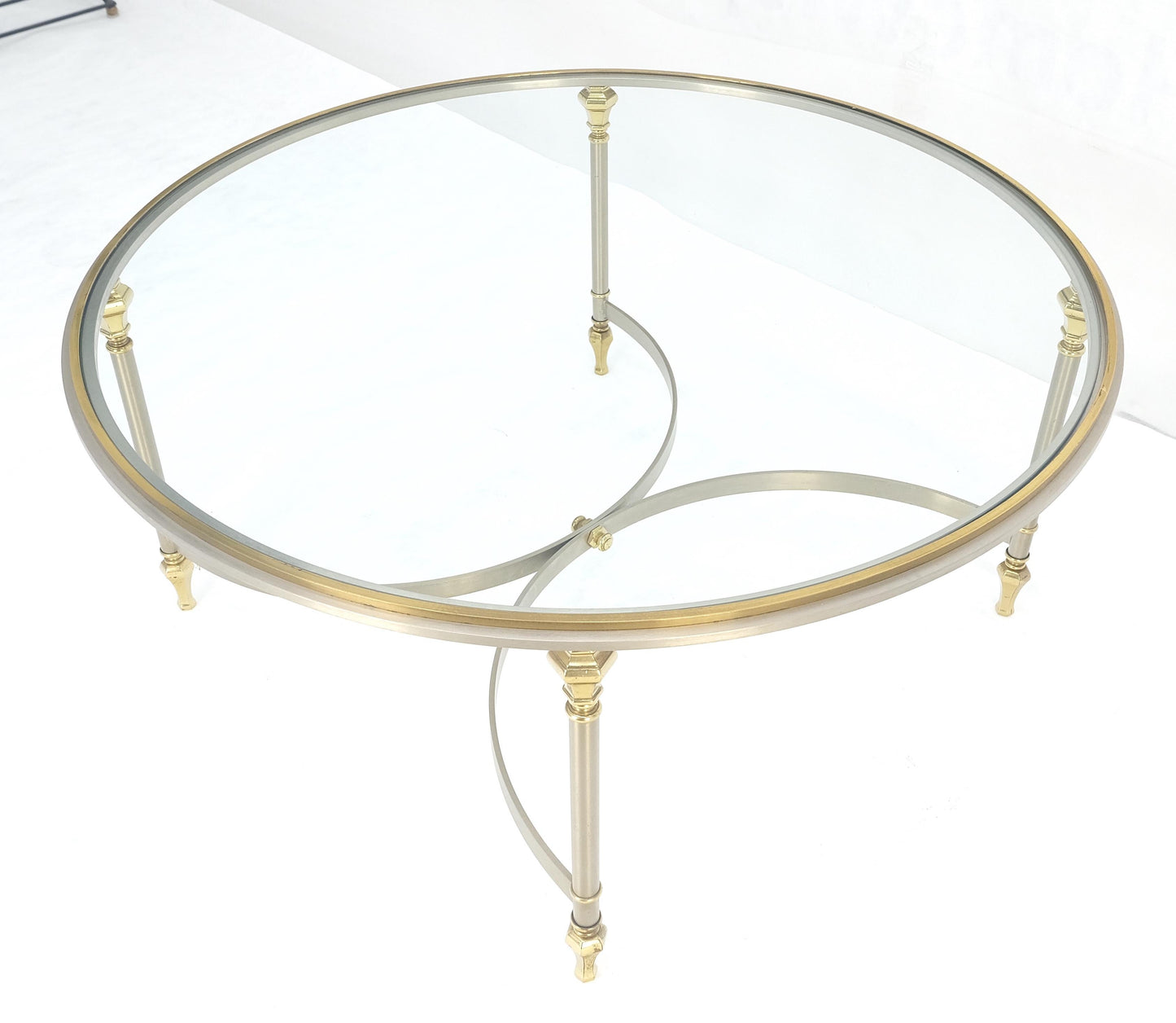EstablishedLines Italian Round 38" Brushed Chrome & Brass Bezel & leg Glass Top Coffee Table MINT