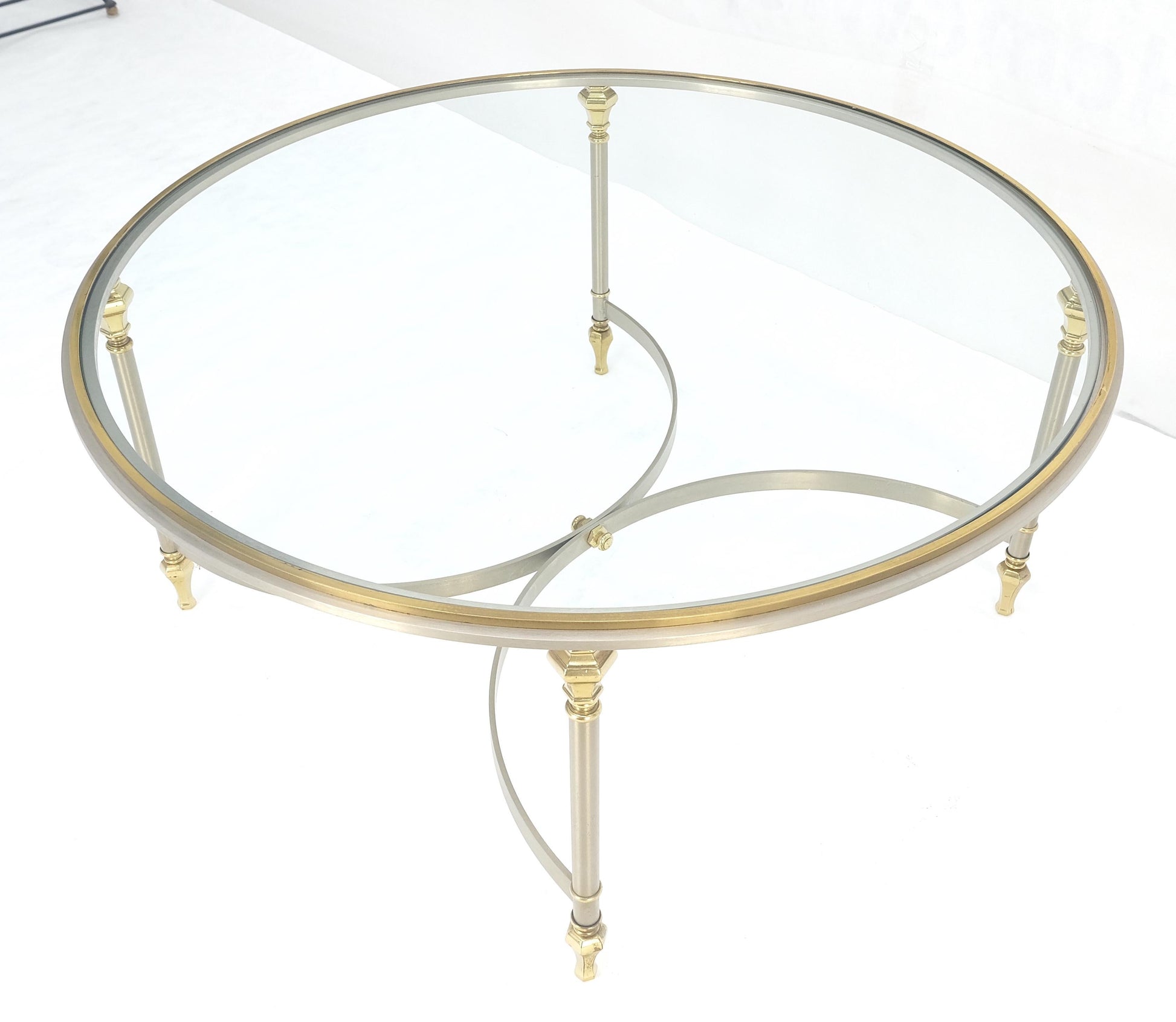 EstablishedLines Italian Round 38" Brushed Chrome & Brass Bezel & leg Glass Top Coffee Table MINT