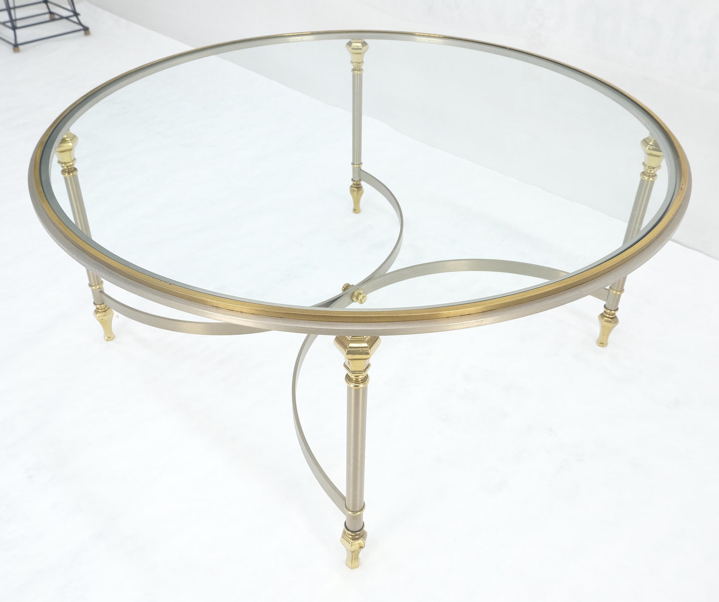 EstablishedLines Italian Round 38" Brushed Chrome & Brass Bezel & leg Glass Top Coffee Table MINT