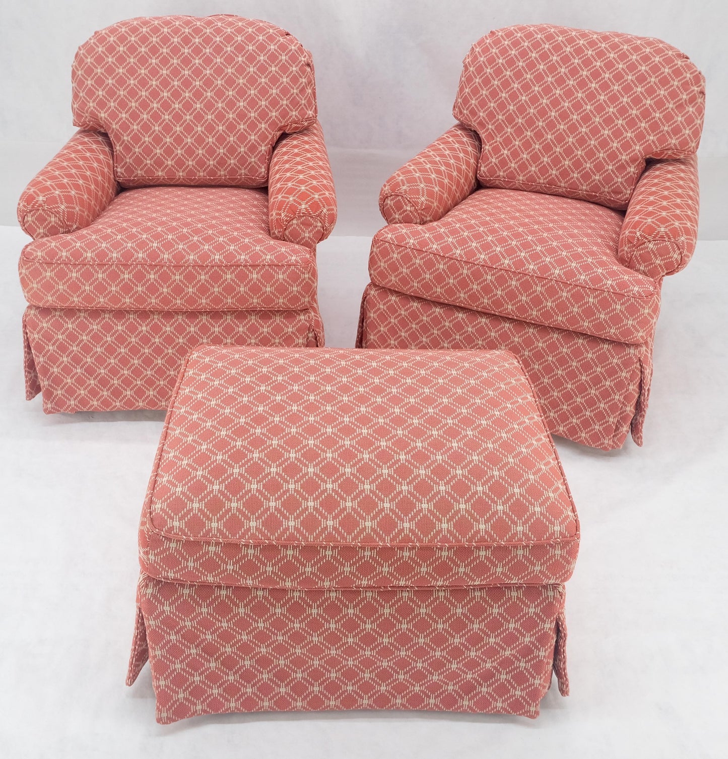 EstablishedLines Pair of Large Red & White Upholstery Club Lounge Chairs & Matching Ottoman MINT