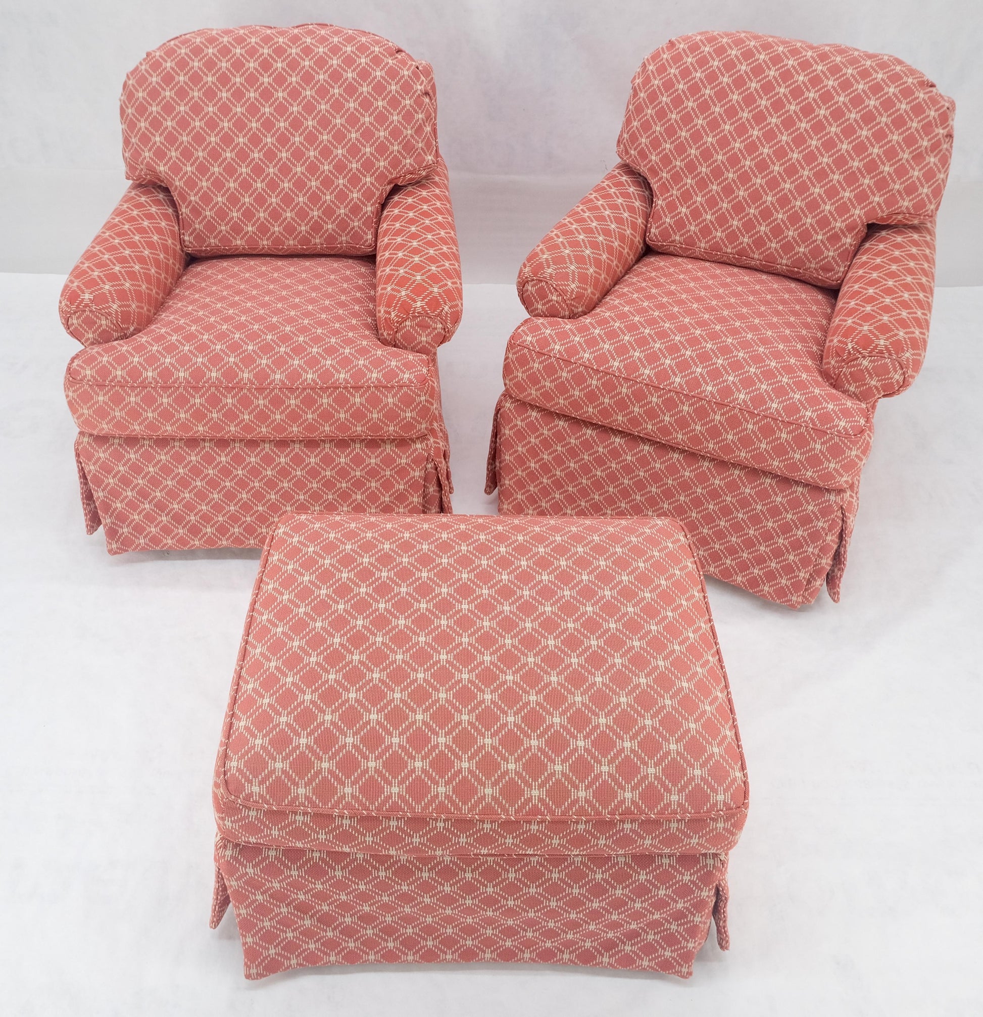 EstablishedLines Pair of Large Red & White Upholstery Club Lounge Chairs & Matching Ottoman MINT