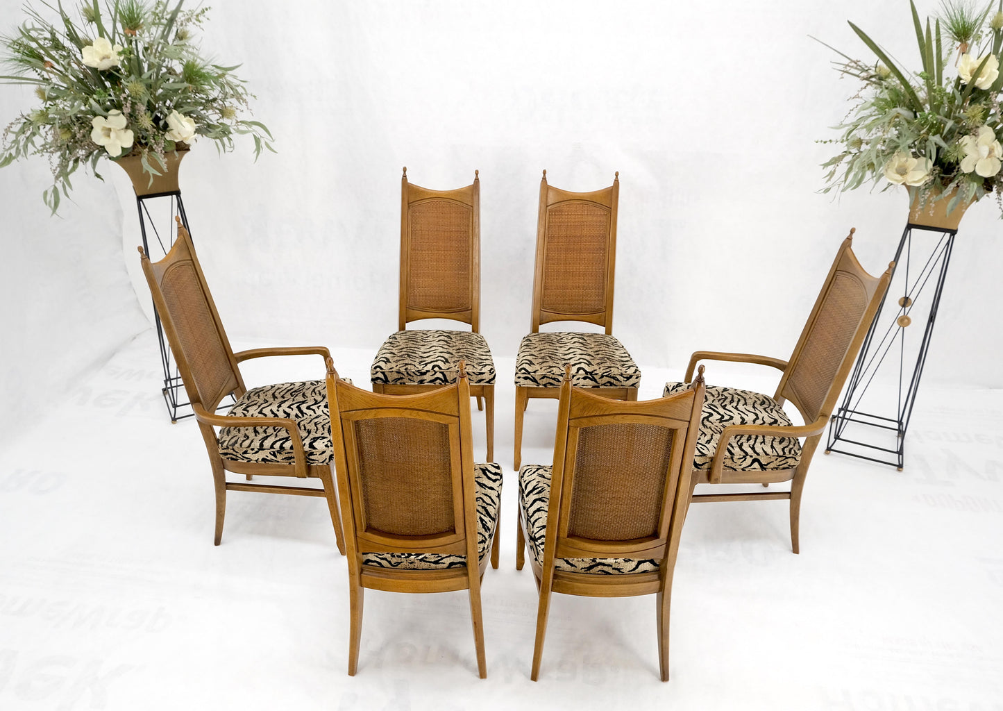 Set of 6 Cane Tall Back Pecan Mid-Century Modern Chairs Mint