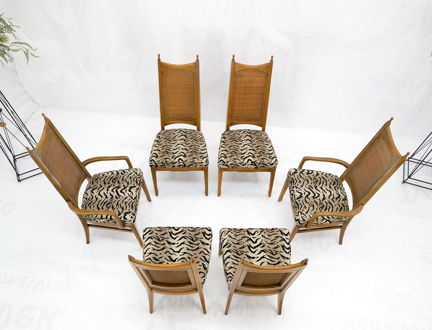 Set of 6 Cane Tall Back Pecan Mid-Century Modern Chairs Mint