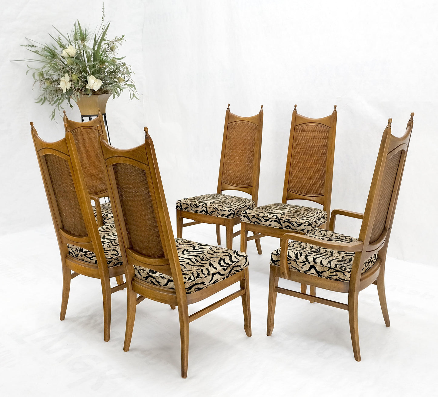 Set of 6 Cane Tall Back Pecan Mid-Century Modern Chairs Mint