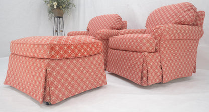 EstablishedLines Pair of Large Red & White Upholstery Club Lounge Chairs & Matching Ottoman MINT