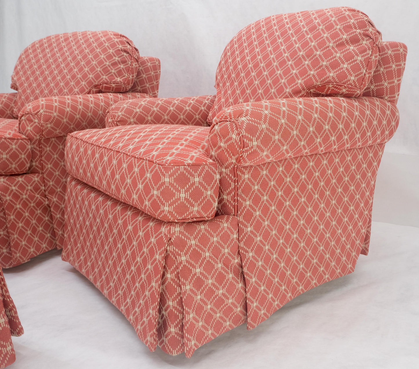 EstablishedLines Pair of Large Red & White Upholstery Club Lounge Chairs & Matching Ottoman MINT