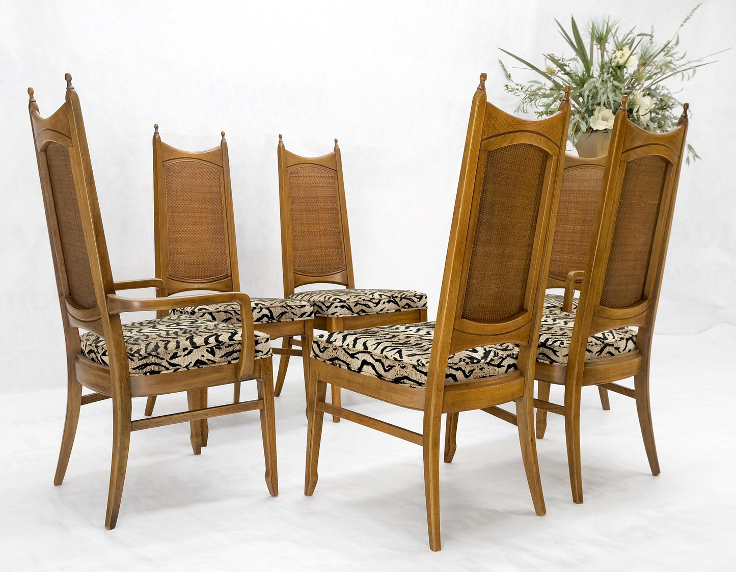 Set of 6 Cane Tall Back Pecan Mid-Century Modern Chairs Mint