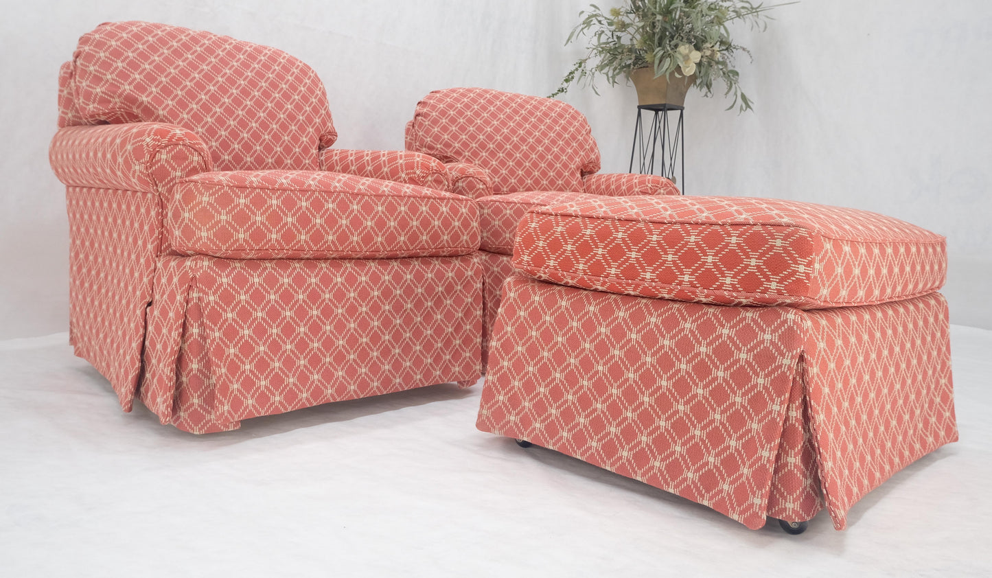 EstablishedLines Pair of Large Red & White Upholstery Club Lounge Chairs & Matching Ottoman MINT