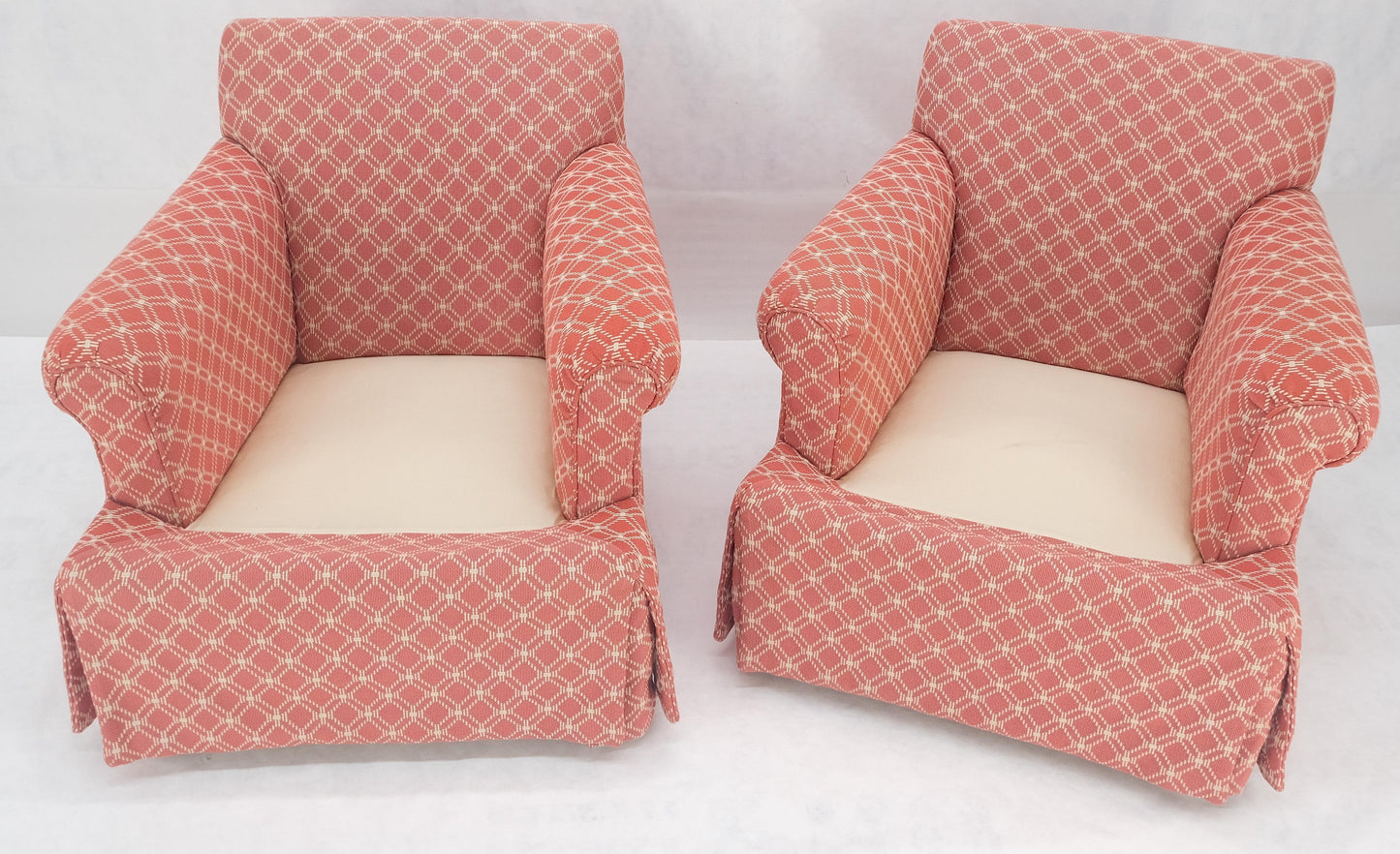 EstablishedLines Pair of Large Red & White Upholstery Club Lounge Chairs & Matching Ottoman MINT